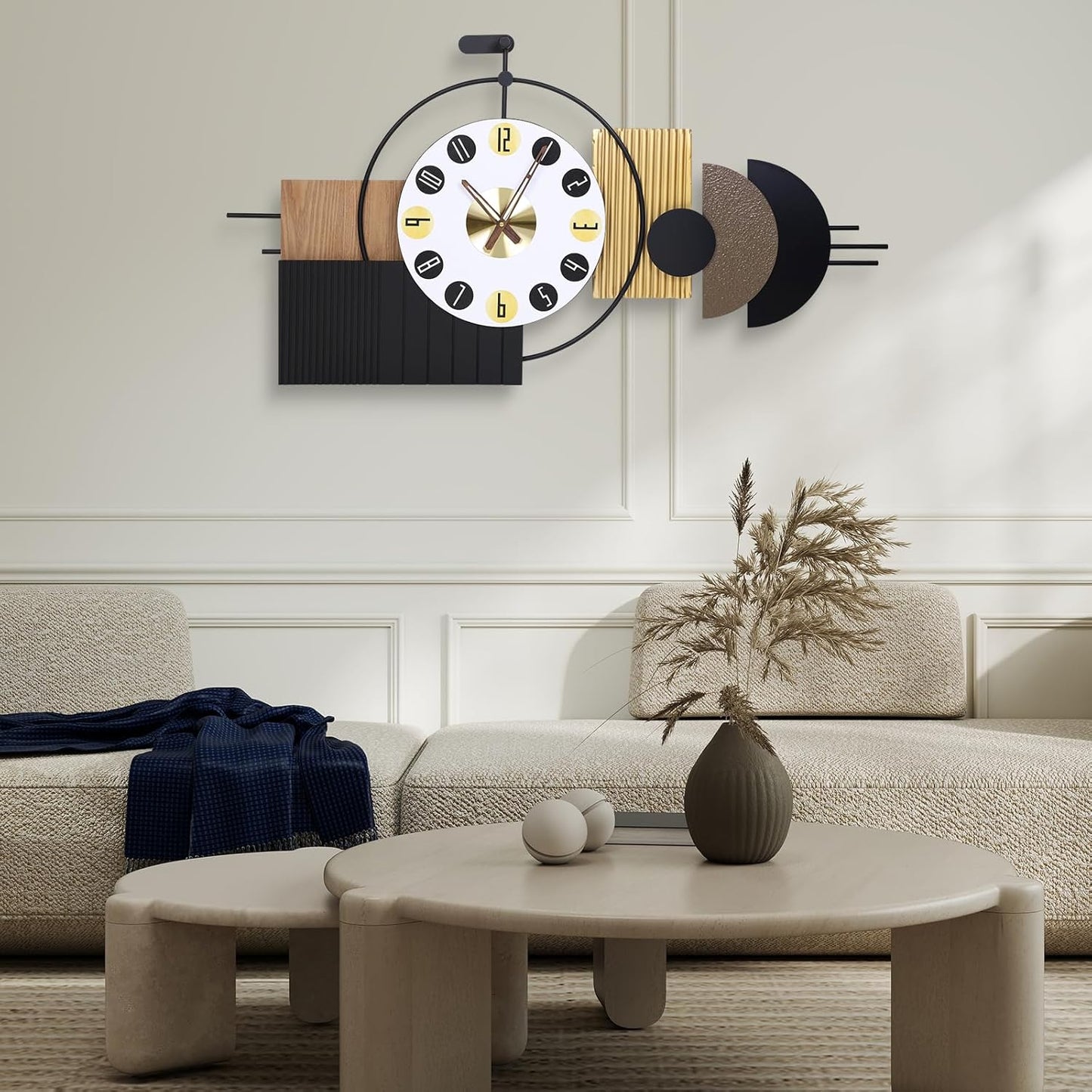 Oversized Modern Wall Clocks-Large Geometric Dial Wall Clock Battery Operated,Wood Metal Frame Big Clock Silent Non Ticking,for Living Room, Bedroom,Kitchen,Farmhouse,Office -42X21.6 Inch