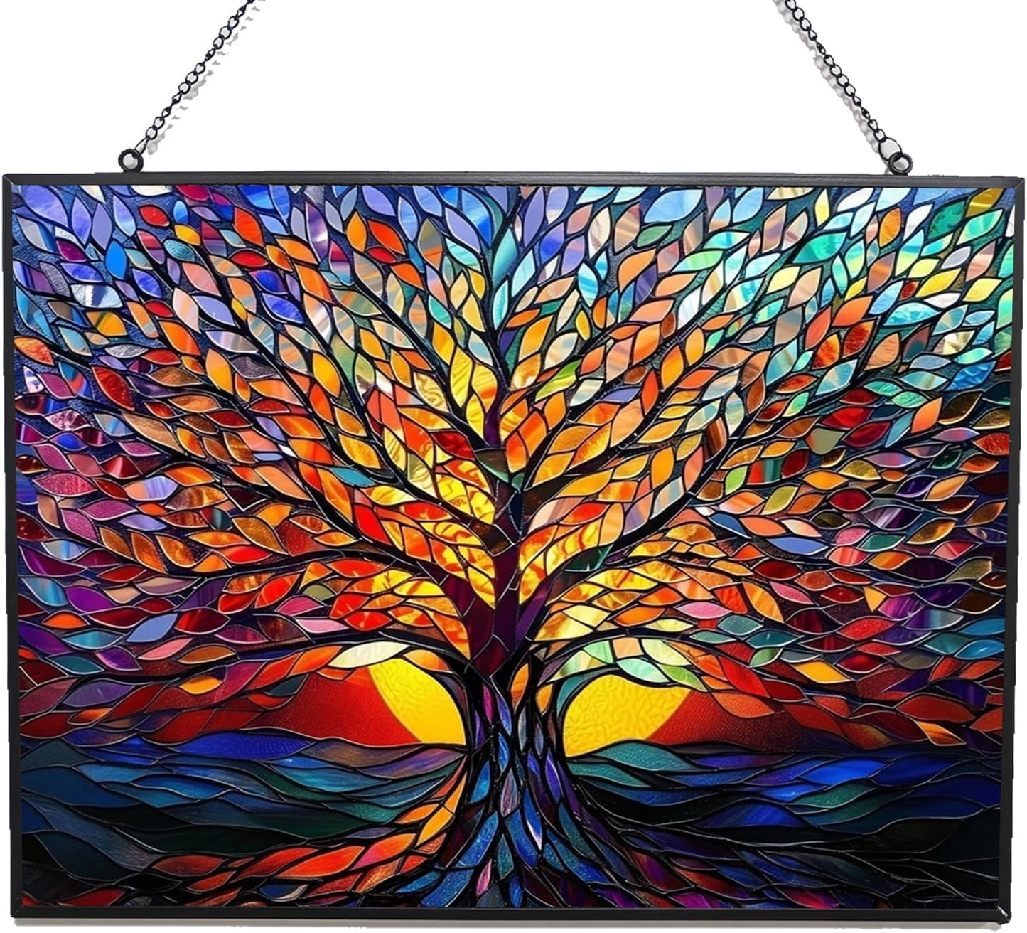 Rectangle Tree of Life Stained Glass Window Hanging, 15" W X 11" H Stained Glass Panel with Chain, Suncatchers for Windows Hanging Decorations, Gifts for Mom, Grandma, Wife, Sister