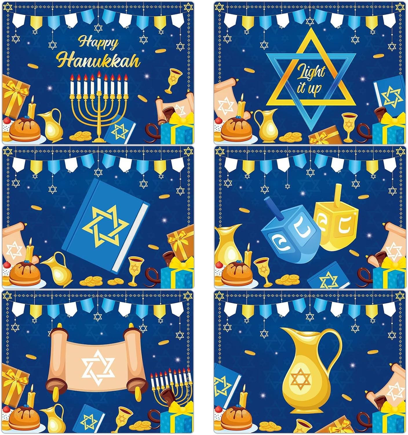 Hanukkah Placemats Set of 6 Festival of Lights Table Mats Plastic Passover Recyclable Place Mats Washable Holiday Table Decoration for Indoor Outdoor Hanukkah Party Kitchen Dining