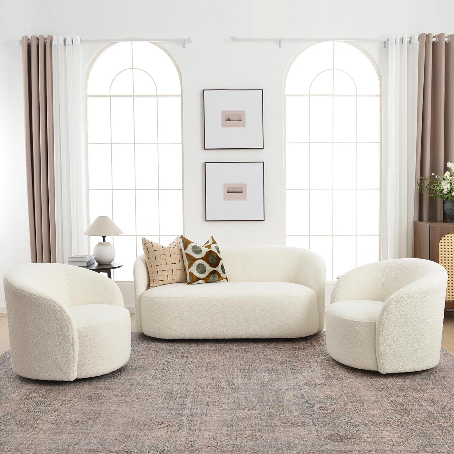 KINWELL 34" W Swivel Barrel Chair Set of 2, Mid Century Modern Round Upholstered Boucle Swivel Accent Chairs, No Assembly Sofa Chair for Living Room Bedroom Reading, Cream