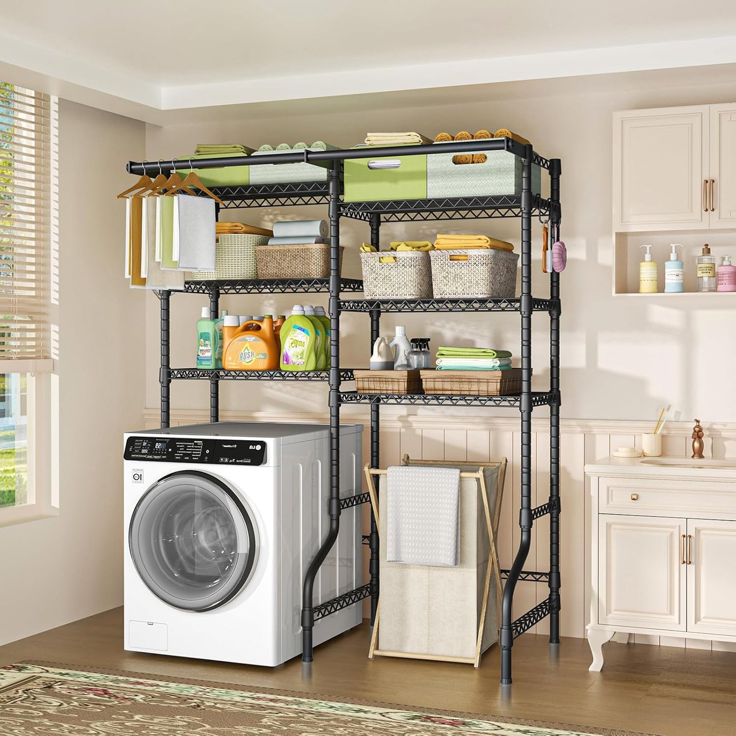 Ulif U13 Over Washer and Dryer Storage Shelves, 6 Tiers Laundry Room Standing Shelf with 2 Hanger Rods, Space Saver Clothes Drying Rack, 63.4" W x 22" D x 77.4" H, Black