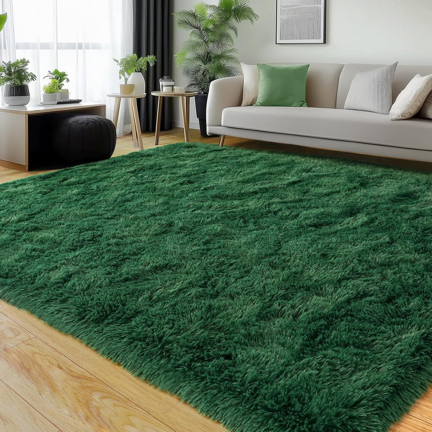 Rezutan Fluffy Rug for Living Room Bedroom, Large Comfy Modern Shaggy Fuzzy Kids, Plush Indoor Nursery Classroom Home Decor Bedside Rug with Non-Slip Bottom, Blackish Green, 8 X 10 Feet