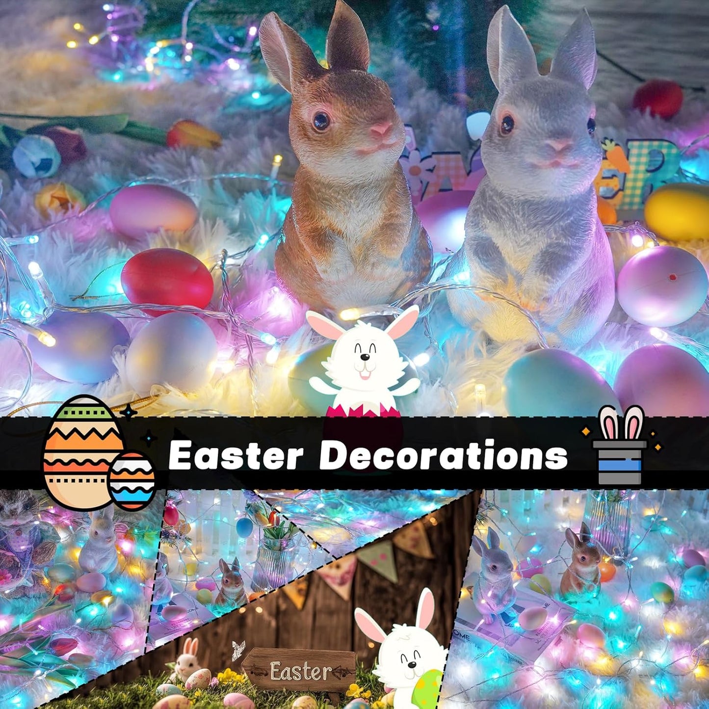 Easter Lights Battery Operated Fairy Lights, 2 Pack 33FT 100LED Multicolor easter String Lights, 8 Modes Waterproof Pastel Light Indoor Outdoor, Twinkle Lights for Room Garden Party Easter Decorations