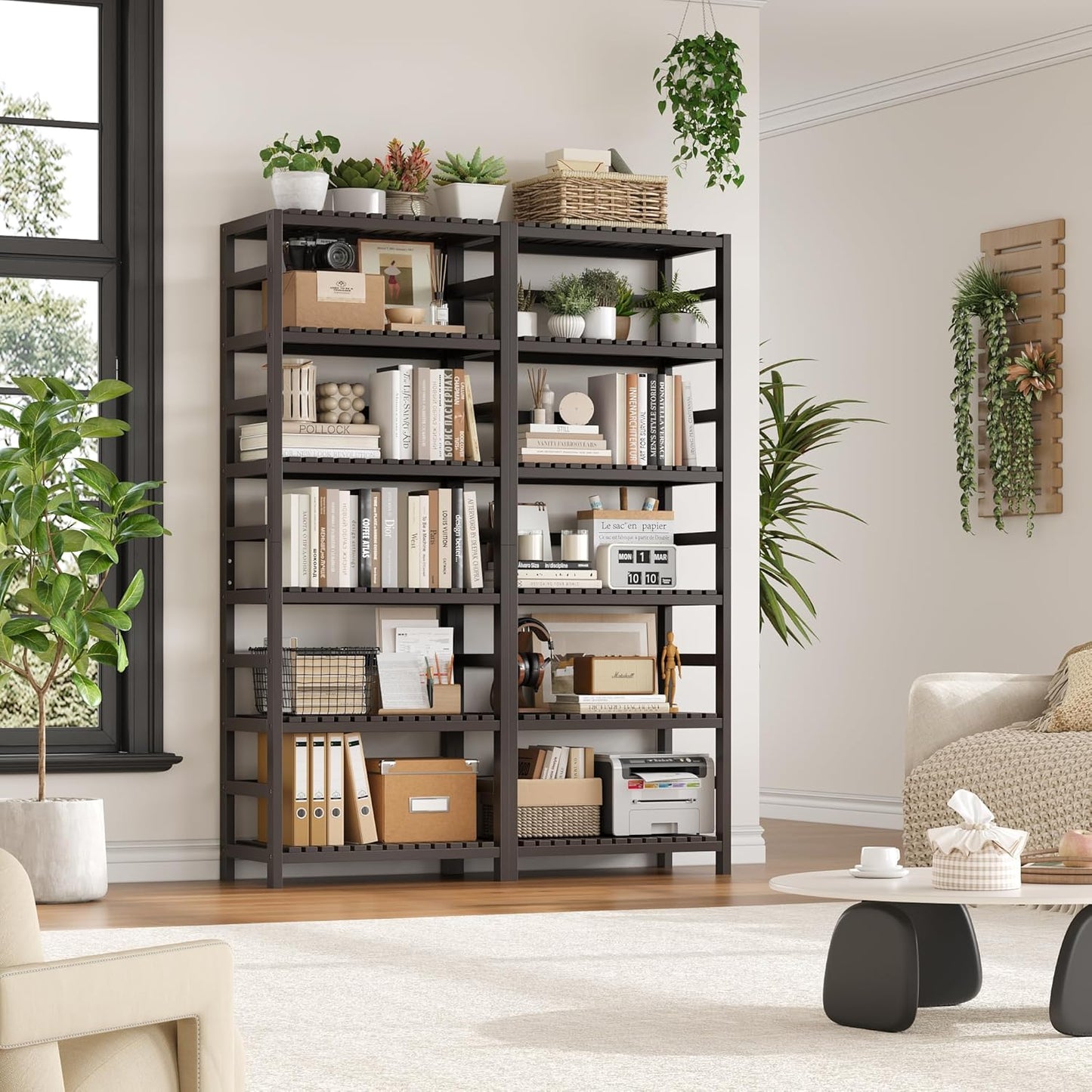 FOTOSOK 6-Tier Bamboo Shelf Set of 2, Bamboo Bookcase with Adjustable Shelves, Free Standing Storage Shelf Unit and Plant Flower Stand, Tall Large Bookshelf for Kitchen, Bathroom, Home Office, Vintage