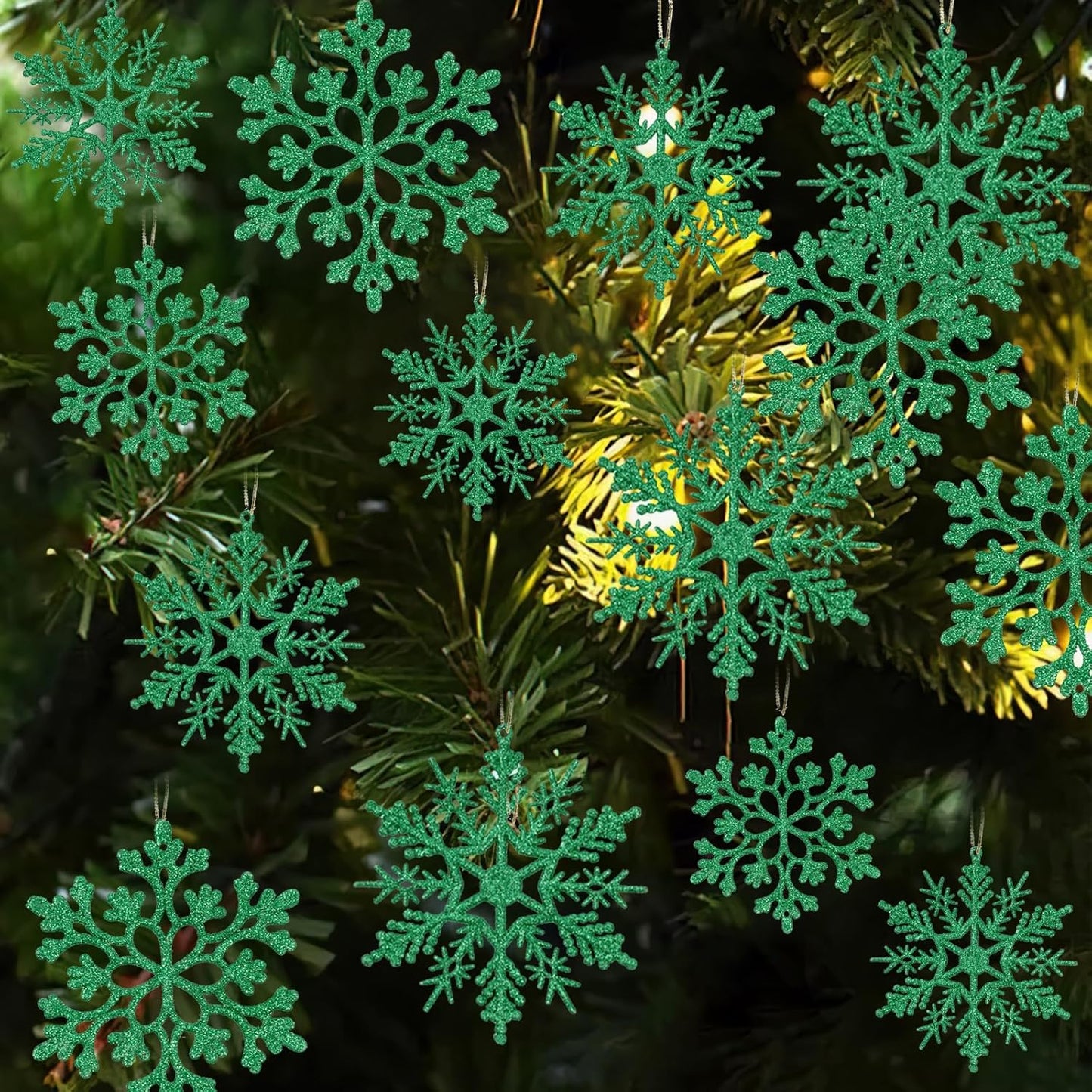 Dark Green Christmas Snowflake Ornaments- 36Pcs Plastic Glitter Hanging Snow Flakes for Christmas Tree Decorations Winter Wonderland Frozen Birthday Party Holiday Home Decor Craft Snowflakes