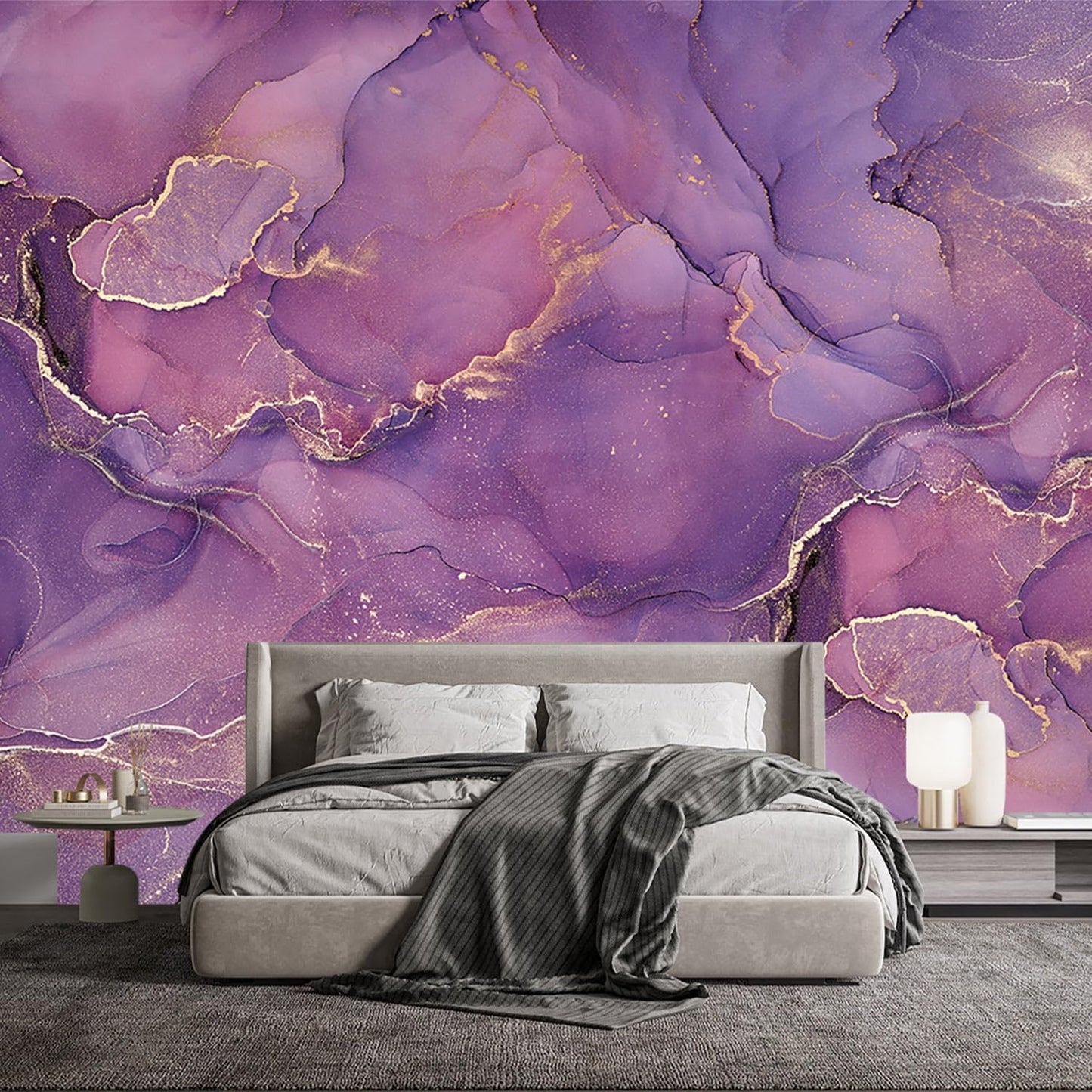 -Purple Marble Fabric Wallpaper Abstract Texture Mural Bedroom 180" x 115" (Not Peel and Stick)