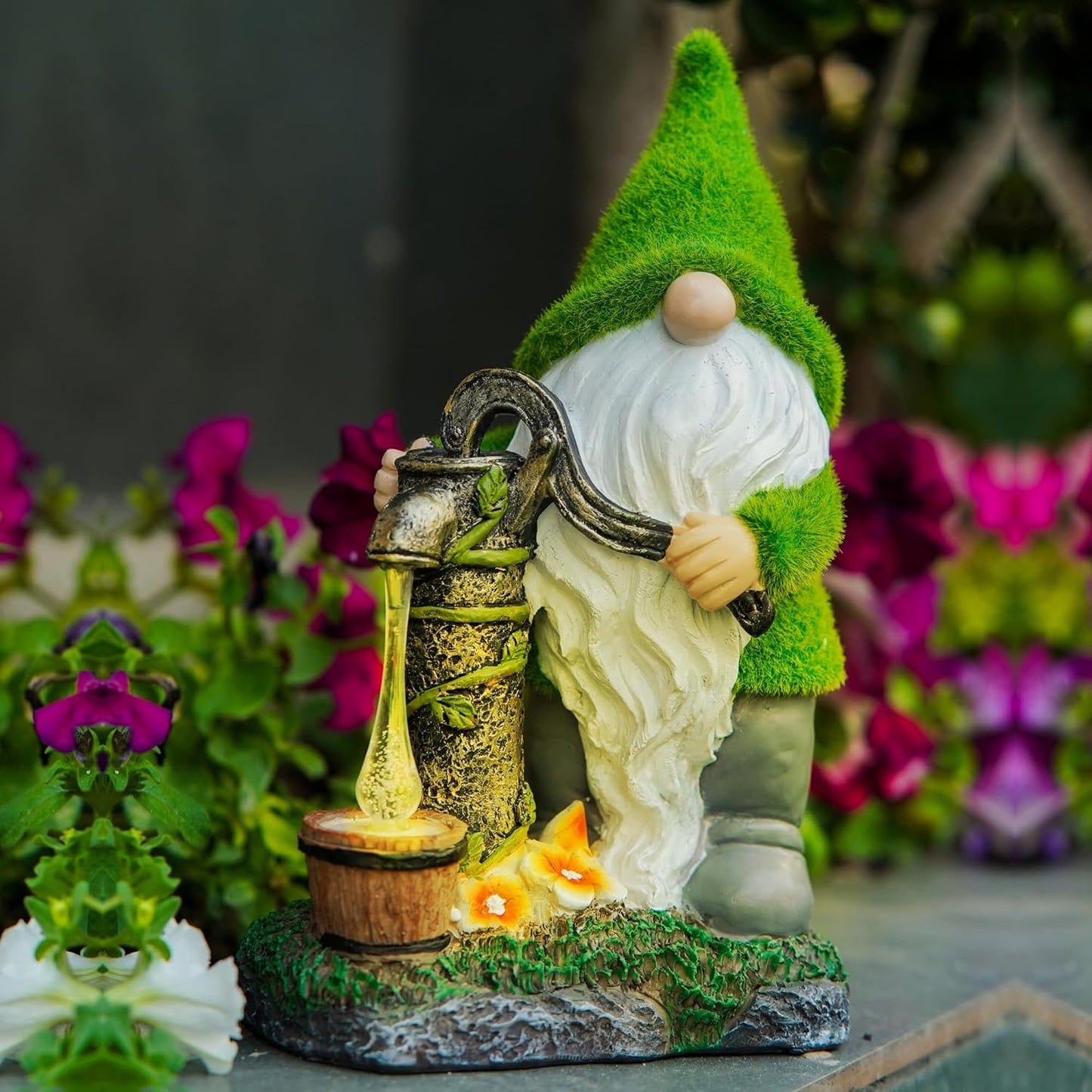 Water Pump Gnome Decorations for Yard/Lawn Outdoors Decor – Weatherproof Garden Statue – Fun Spring Summer Charming Gnomes Gifts for Women (Forest Green) and Home.
