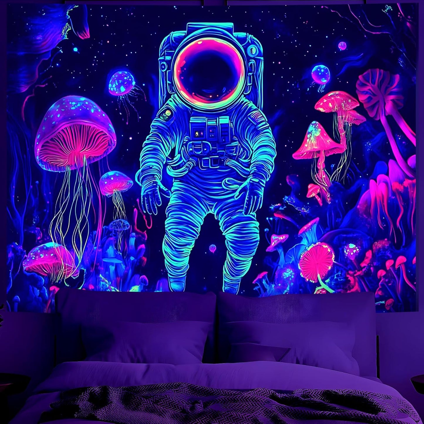 BVBOX Astronaut Space Blacklight Tapestry 79"x59", UV Reactive Astronaut Mushroom Forest Universe Galaxy Planet Glow in Dark Tapestries, Black Light Neon Upright Poster Wall Hanging Backdrop Decor for Bedroom Living Room