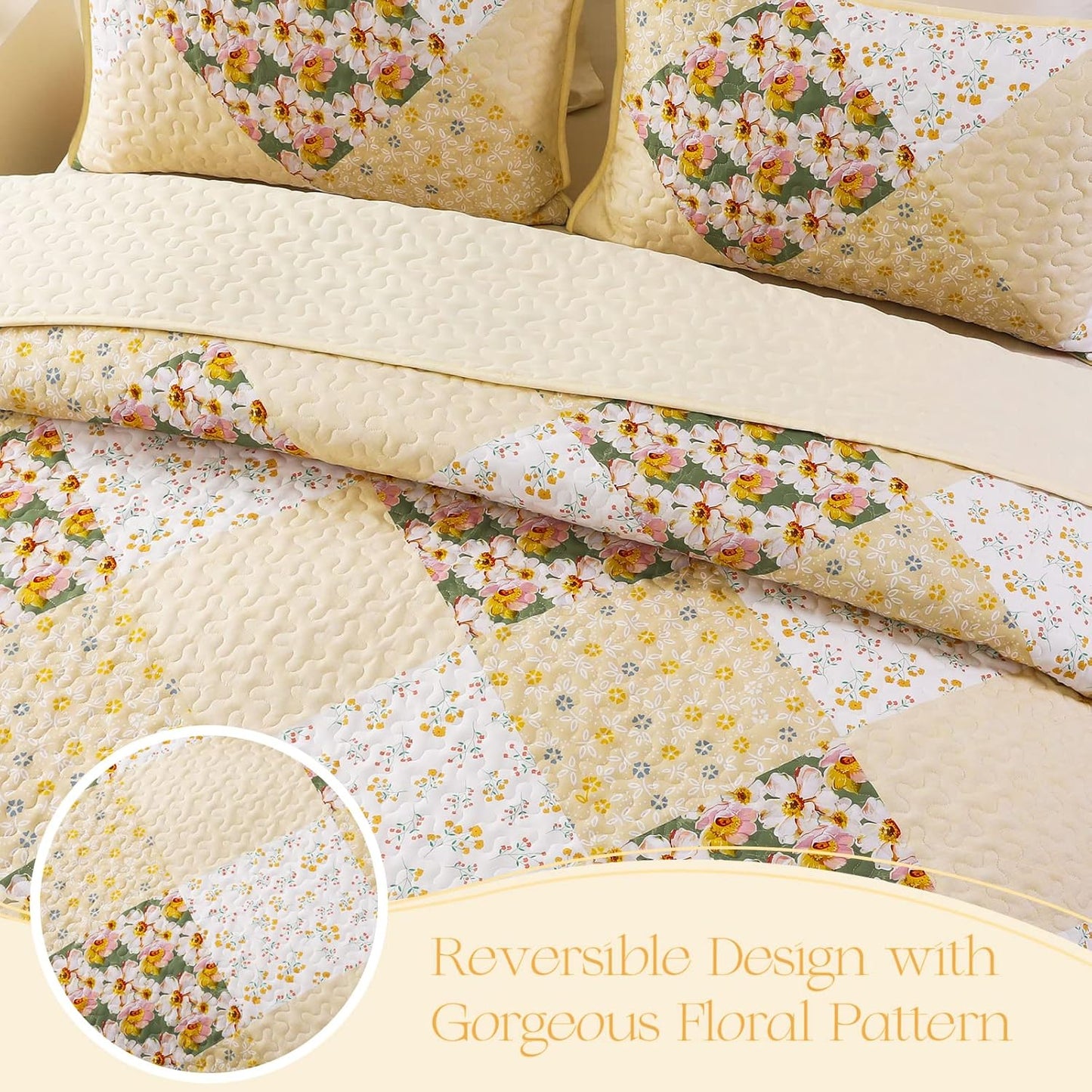 Exclusivo Mezcla Reversible Boho Quilt Set Queen Size, 3 Pieces Patchwork Yellow All Season Bedspreads, Ultra Soft Floral Coverlet Bedding Set with Printed Pattern (1 Quilt, 2 Pillow Shams)