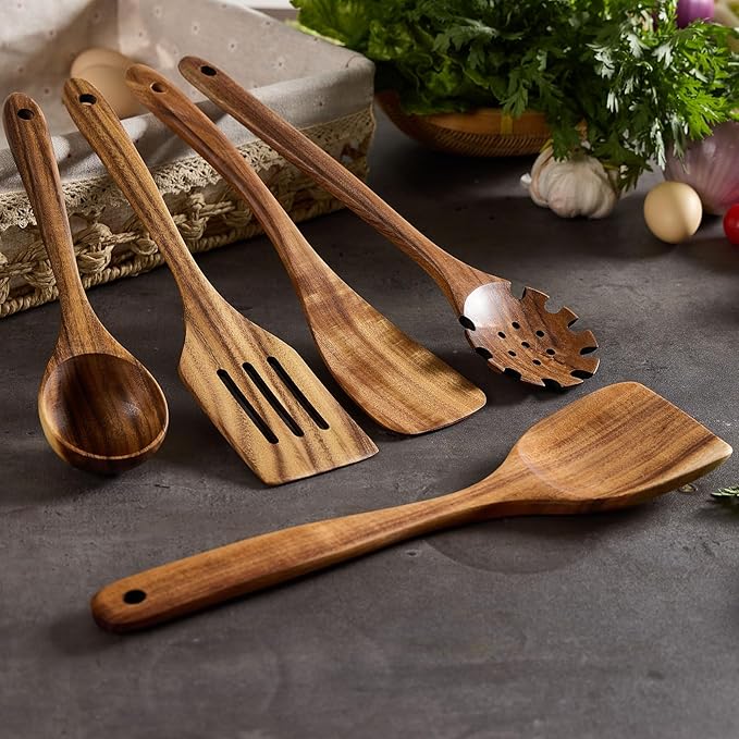 Wooden Kitchen Utensils Set, Teak Wood Cooking Spoons for Non-Stick Pans, 8 Pieces