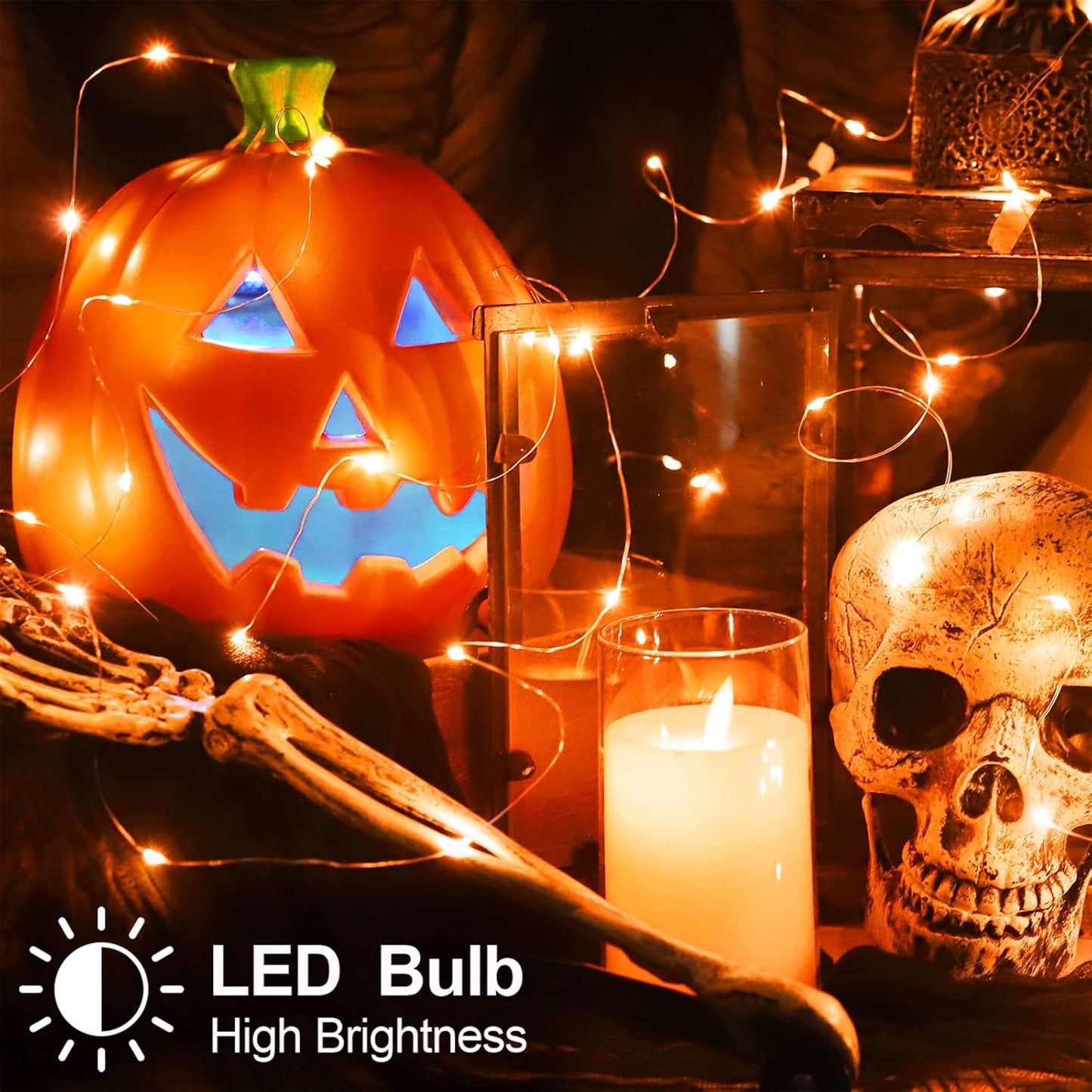 Halloween Fall Decorations Orange Fairy String Lights Indoor, Battery Operated with Timer, 2 Pack Total 33FT 100 Led Mini Battery Powered Twinkle Mason Jar Waterproof Firefly Lights DIY Party