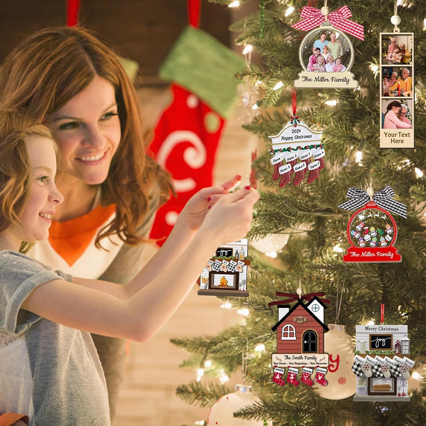 Personalized Christmas Ornaments with Names of 2/3/4/5/6/7/8 Custom Family Ornament Customized Xmas Tree Hanging Wood Decoration Gift Round Fireplace