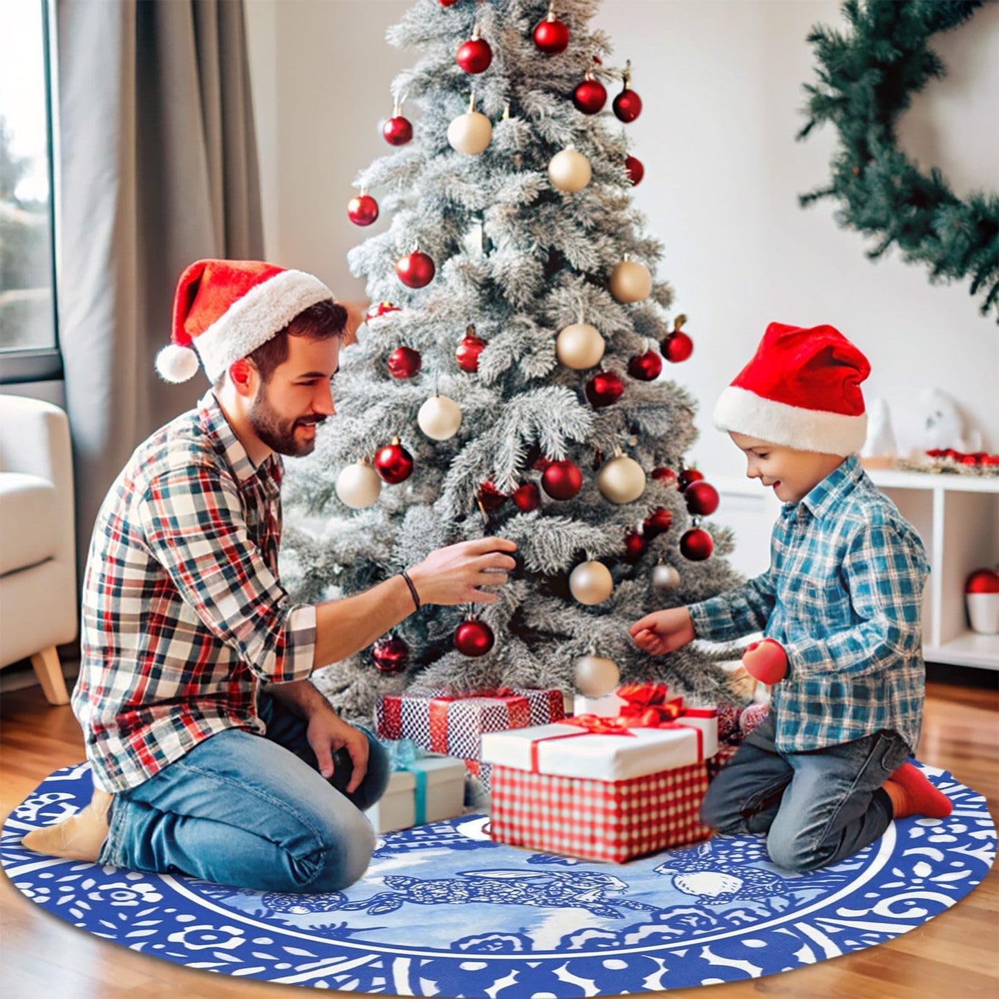 36" Large Christmas Tree Skirt, Blue Willow Oriental Rabbit Whimsical Blue & White Pattern Tree Mat Base Cover for Xmas Festive Holiday Party Decoration Ornaments