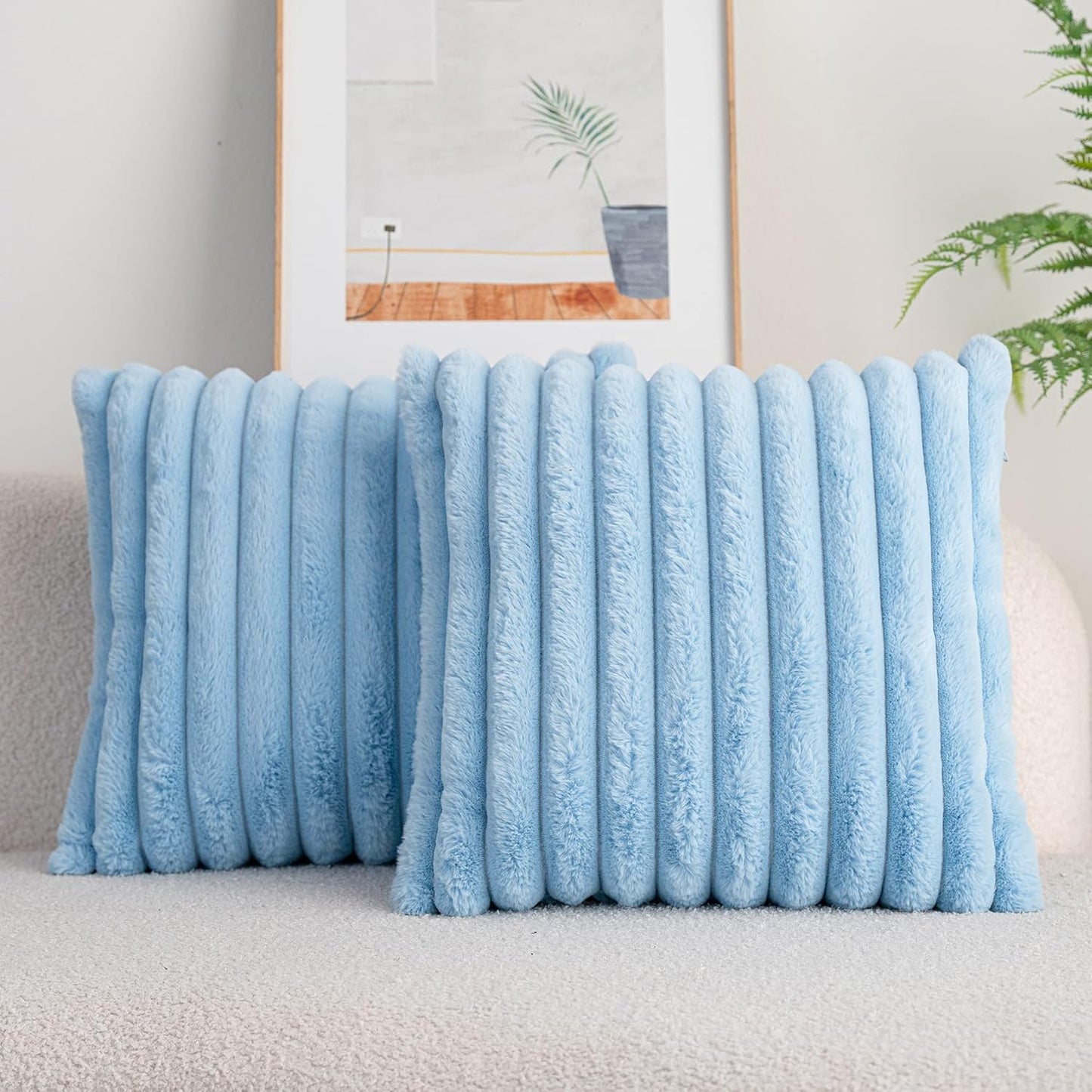 DEELAND Pack of 2,Double-Sided Faux Fur Plush Decorative Throw Pillow Covers Fuzzy Striped Soft Pillowcase Cushion Covers for Sofa Couch Bedroom Lightblue 18x18 inch