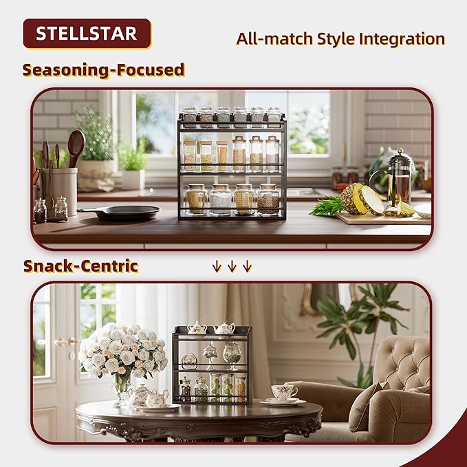 3 Tier Bamboo Wood Spice Rack, Seasoning Bottles Jars Organizer Shelf for Spices or Craft Supplies, Kitchen Counter or Wall Mounting (Brown)