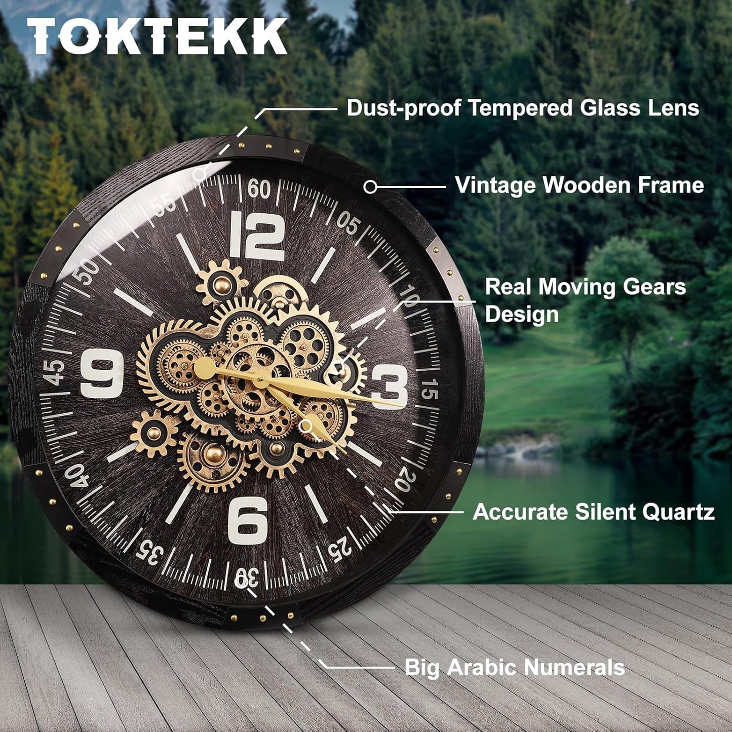 Wall Clocks for Living Room Decor, Large Real Moving Gears Clock, Vintage Industrial Oversized Rustic Farmhouse Kitchen Office Fireplace Wall Decor (Grey Black, 27 inch)