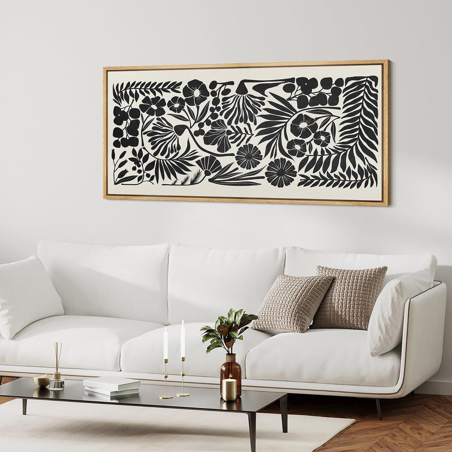 MUDECOR Extra Large Framed Canvas Print Wall Art Monochrome Botanicals Black and White Floral Illustrations Antique Retro Fine Art Illustrations Decorative Colorful for Bedroom - 60"x30"