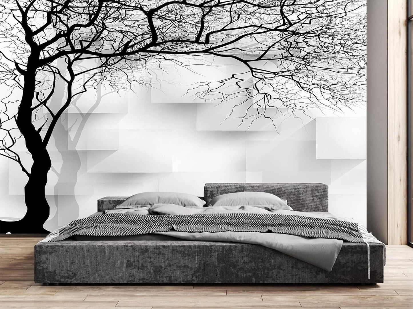 Grey Trees Wallpaper 3D Geometry TV Sofa Background Wall Mural for Bedroom Living Room (Not Peel n' Stick)