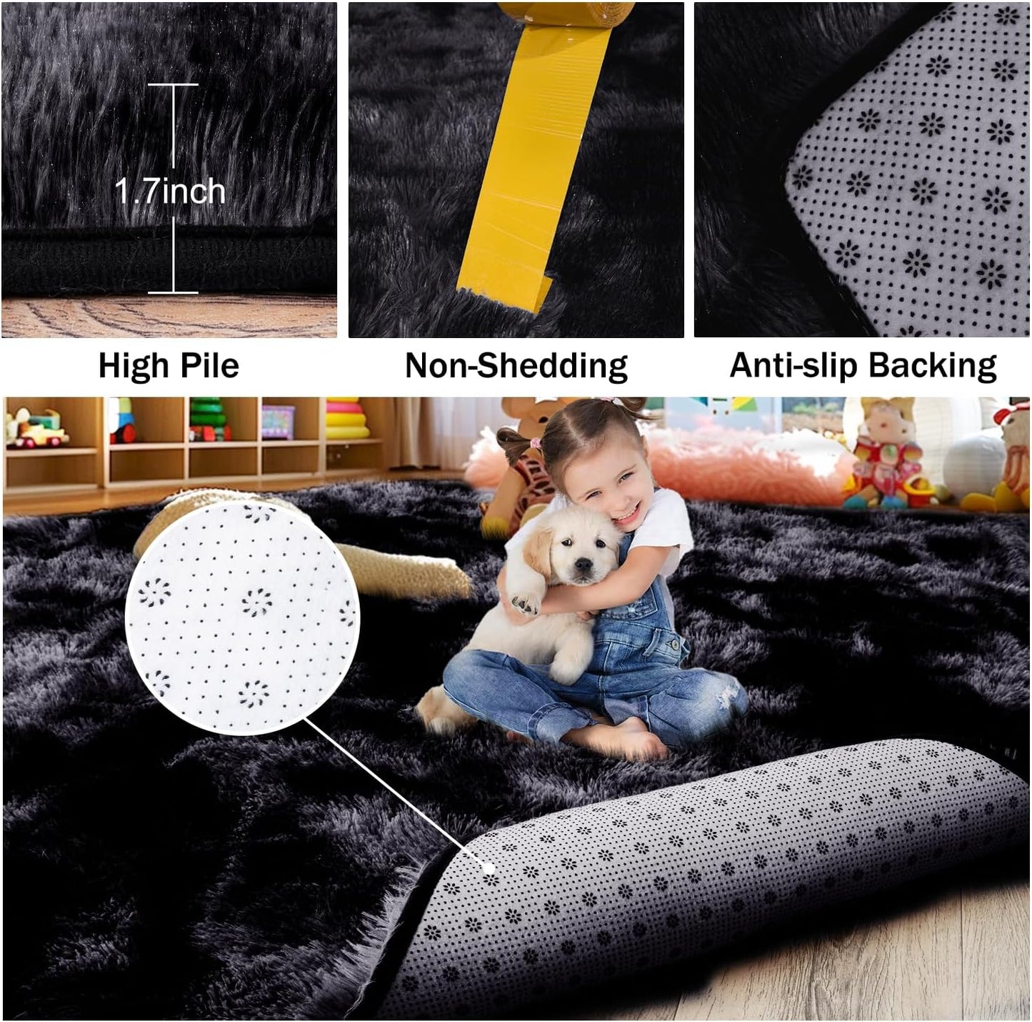 Rezutan Rugs for Living Room, Area Rug 4x6 Fluffy Rug Carpet, Soft Shaggy Modern Floor for Kids Boys Girls Bedroom, Plush Fuzzy Dorm,(Black Grey Tie-Dyed,4ft x 6ft)
