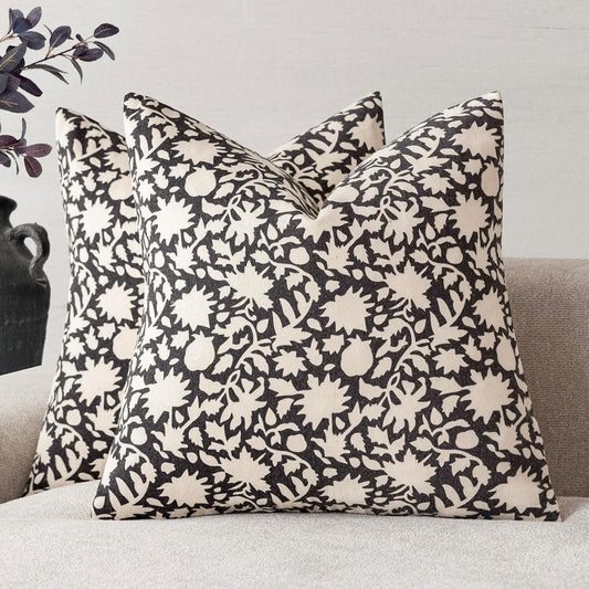 Foindtower Set of 2 Decorative Neutral Floral Throw Pillow Covers Accent Farmhouse Cushion Covers Boho Vintage Pillowcase for Couch Sofa Bedroom Living Room Home Decor Outdoor24×24 Inch,Black