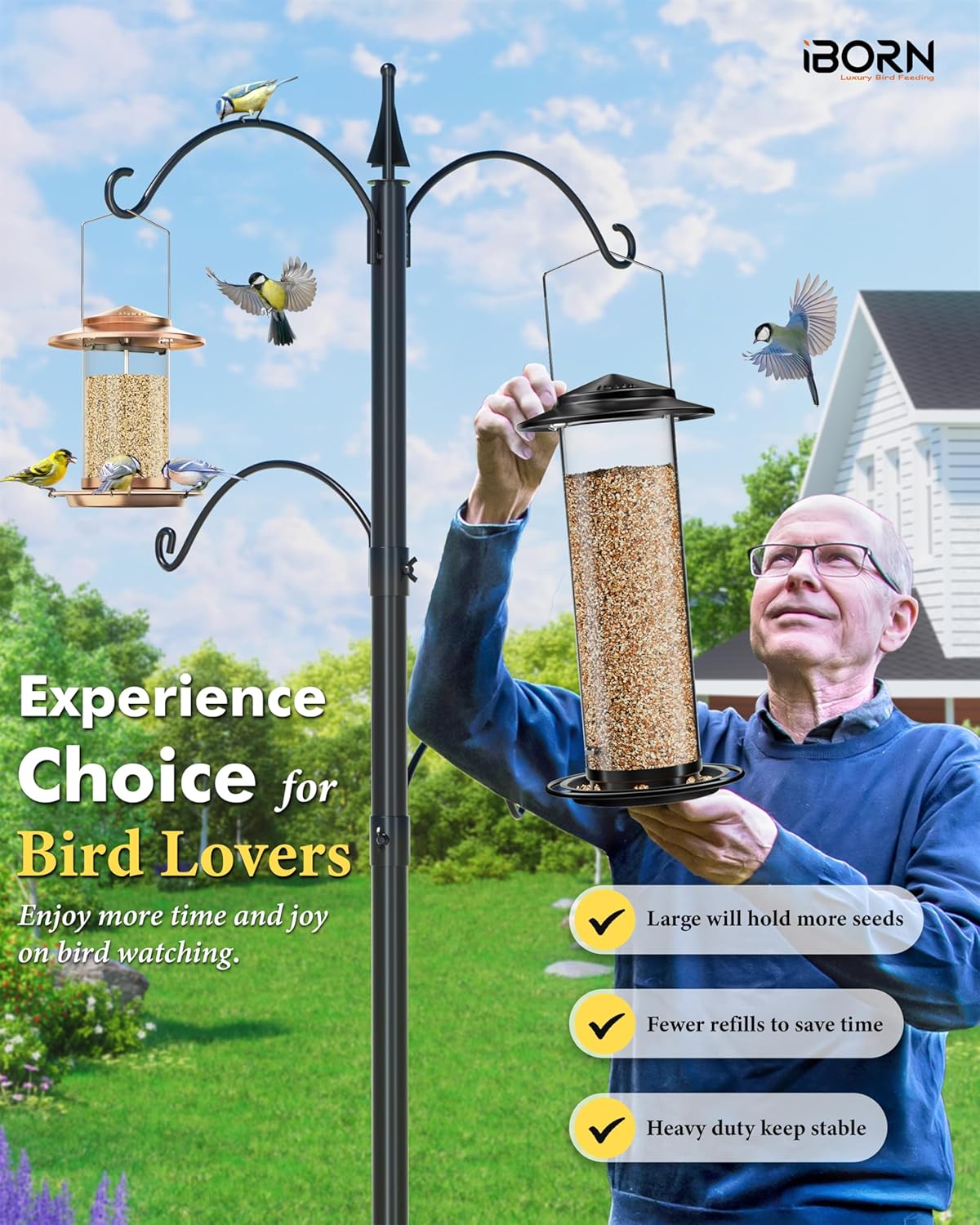 iBorn Metal Bird Feeder for Outside Hanging,Wild Bird Feeders for Cardinal,18cm Large Roof&Green,42CM Long,4.5lb High-Capacity(Seed is not Included)