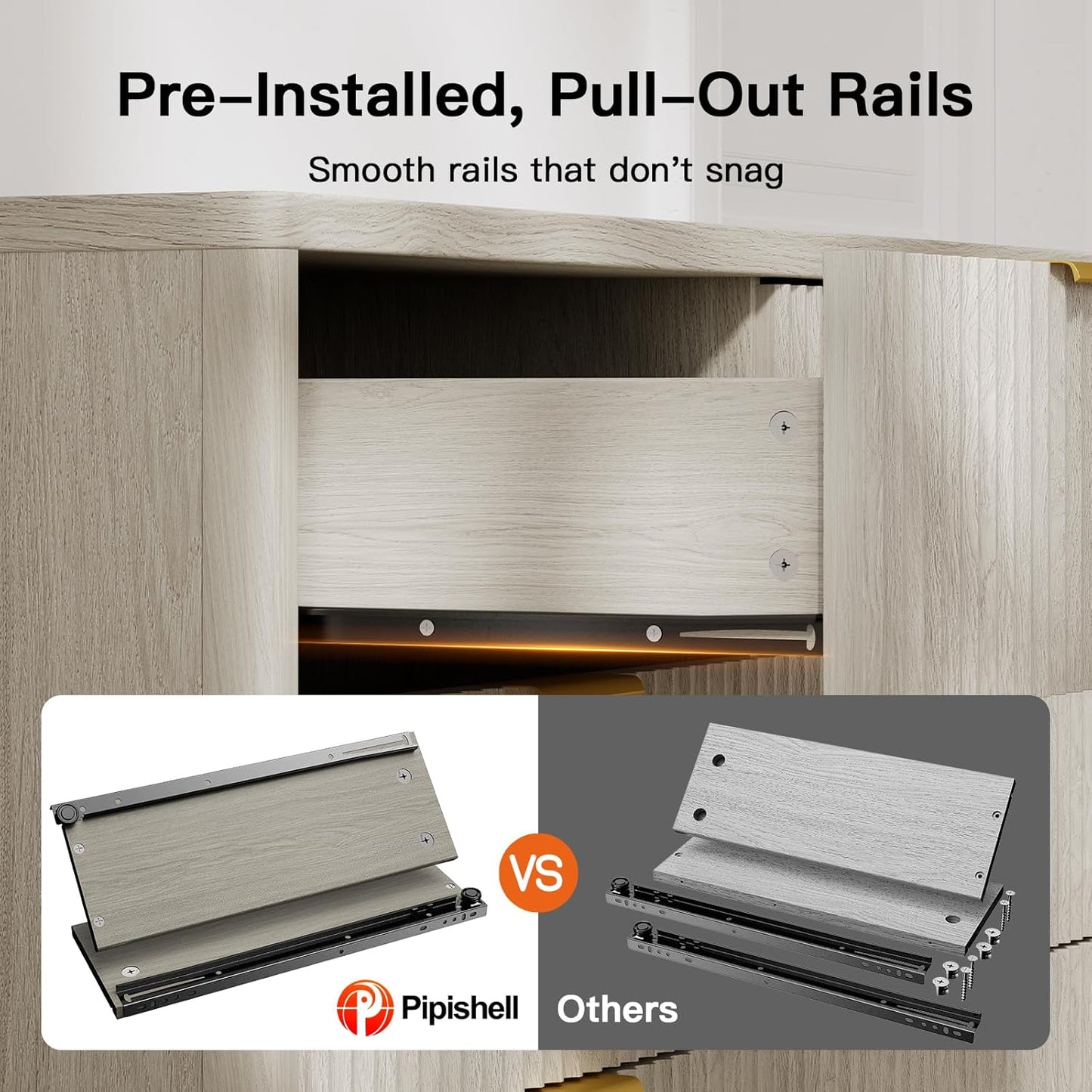 Pipishell Fluted 8 Drawers Dresser for Bedroom, 47" Wooden Drawers with Metal Handle, Dressers with Round Edge Design, Closet Clothes Storage Organizer for Bedroom, Hallway, Grey