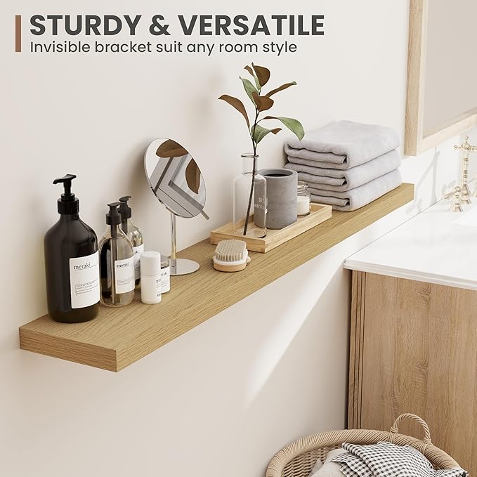 40 Inch Floating Shelves, 8 Inch Deep Floating Shelves for Wall, Hanging Shelf with Invisible Brackets, Deep Shelves for Bathroom, Bedroom, Living Room, Oak, Set of 2