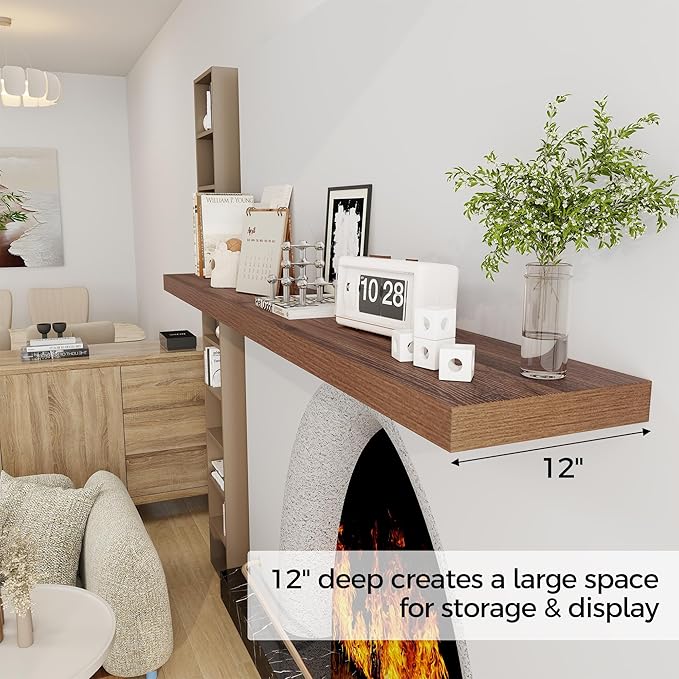 Fun Memories 72 Inch Floating Shelf, 12 Inch Deep Wall Shelf for Fireplace Mantel, Deep Storage Shelves for Home & Office, Wall Shelves with Invisible Bracket, Walnut, Set of 1
