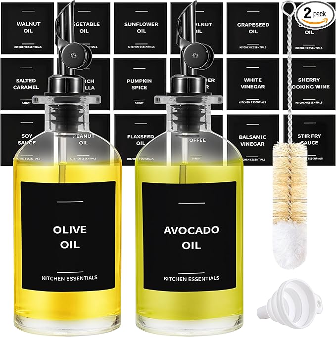 Olive Oil Dispenser Bottle - Includes 55 Kitchen Essential Labels - Cooking Oil Bottles for Kitchen, Coffee Syrup Dispenser - Pourer Spout with 11.8 fl oz Glass Container Cruet - 2pcs, Black