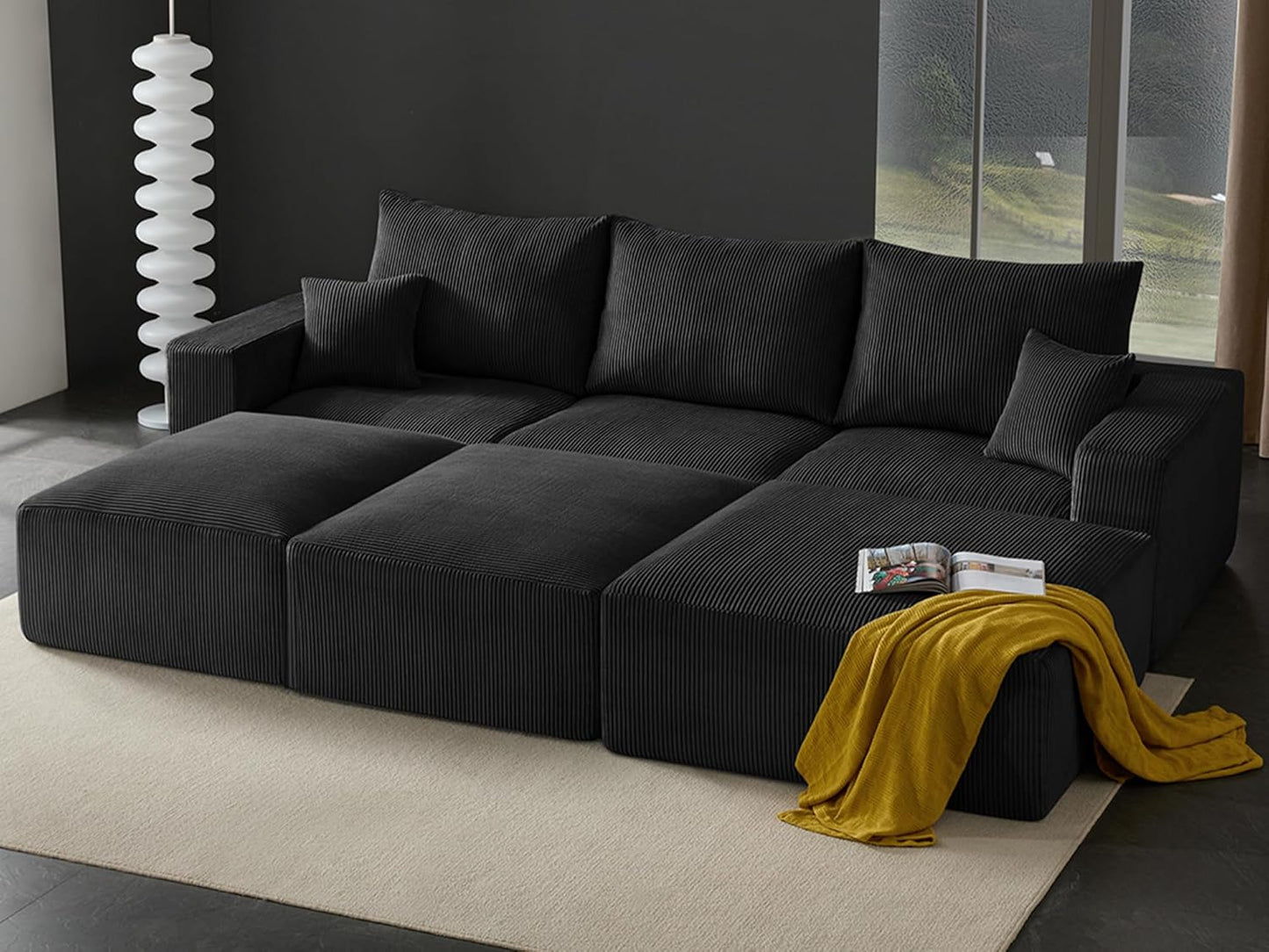 Boneless Sectional Cloud Couch Sofa Bed for Living Room, 112" Modular Modern Lounge 3 Seater Sleeper Black Couches with Chaise, No Assemble, Cordury Compression Upholstered Sofas