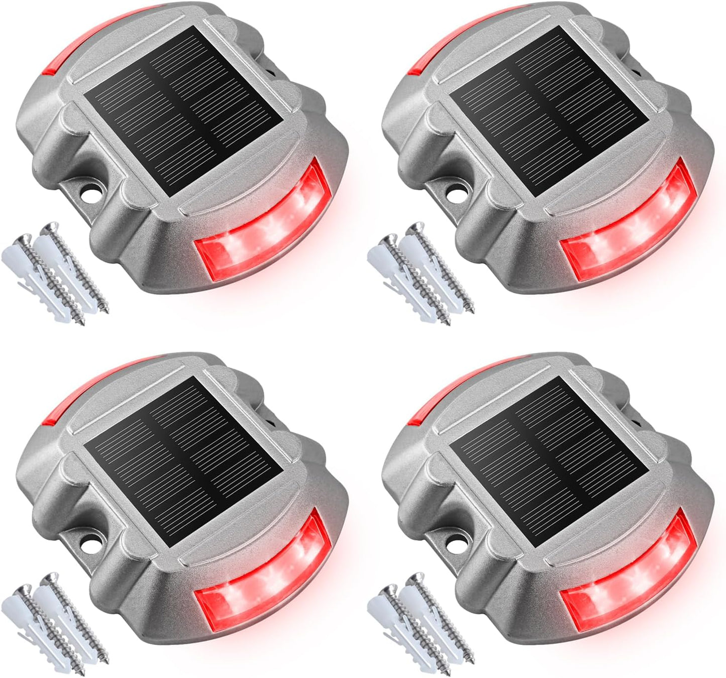 VOLISUN Christmas Solar Deck Lights Driveway Dock Lights, 4-Pack Led IP67 Waterproof Outdoor Warning Step Lights for Driveway Sidewalk Garden Pathway Yard(Red)