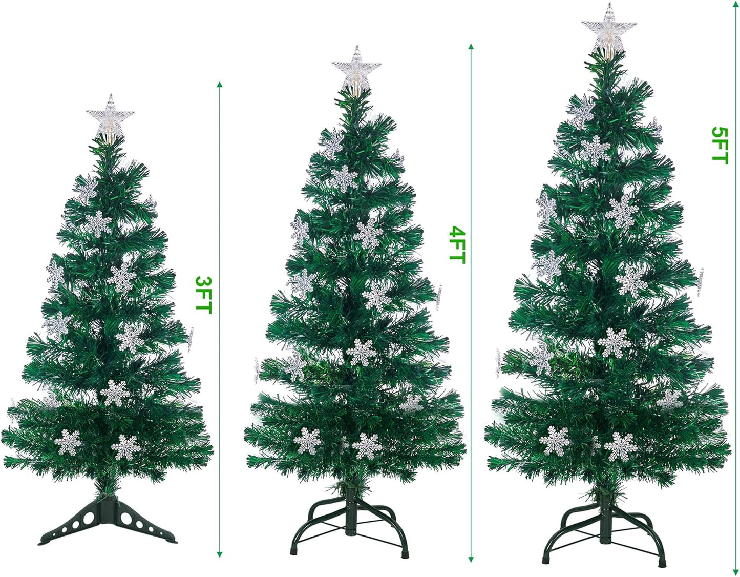 Juegoal 4 ft Pre-Lit Artificial Christmas Tree, Lighted Optical Fiber Xmas Trees with RGB Color Changing LED Lights, Snowflakes & Top Star, Festive Party Holiday Fake Multicolored Tree with Metal Legs