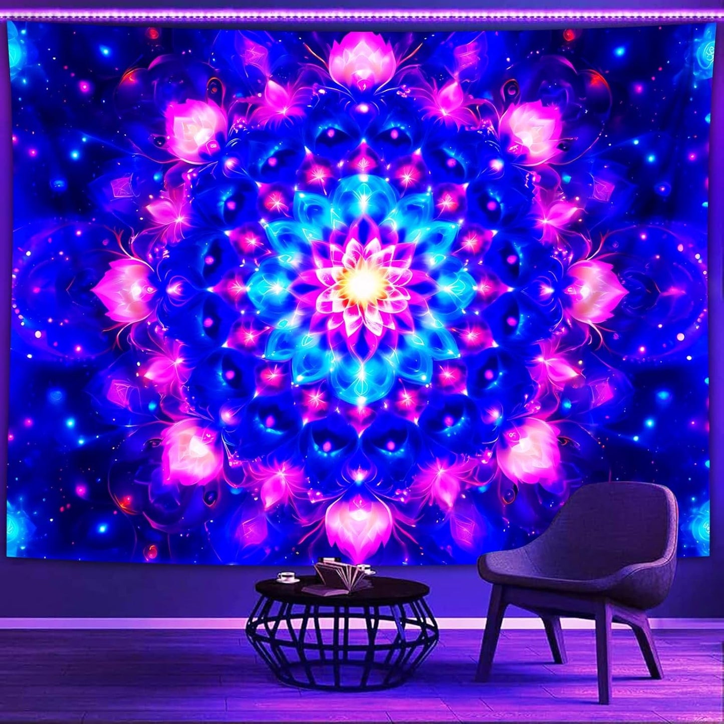PSYHILAR Blacklight Mandala Tapestry for Bedroom, Psychedelic Black Light Posters for Adults and Teens, Colorful UV Reactive Aesthetic Bohemian Art Wall Hanging Decor (80 x 60 Inches)