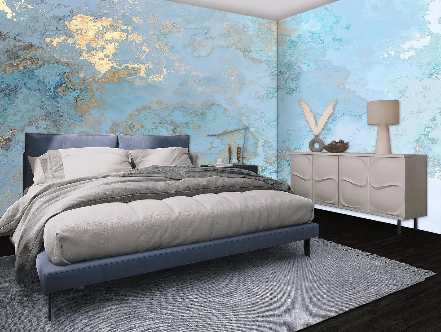 Abstract Wallpaper Blue Gold Marble Texture Wall Mural Wallpaper(Not Peel n' Stick)