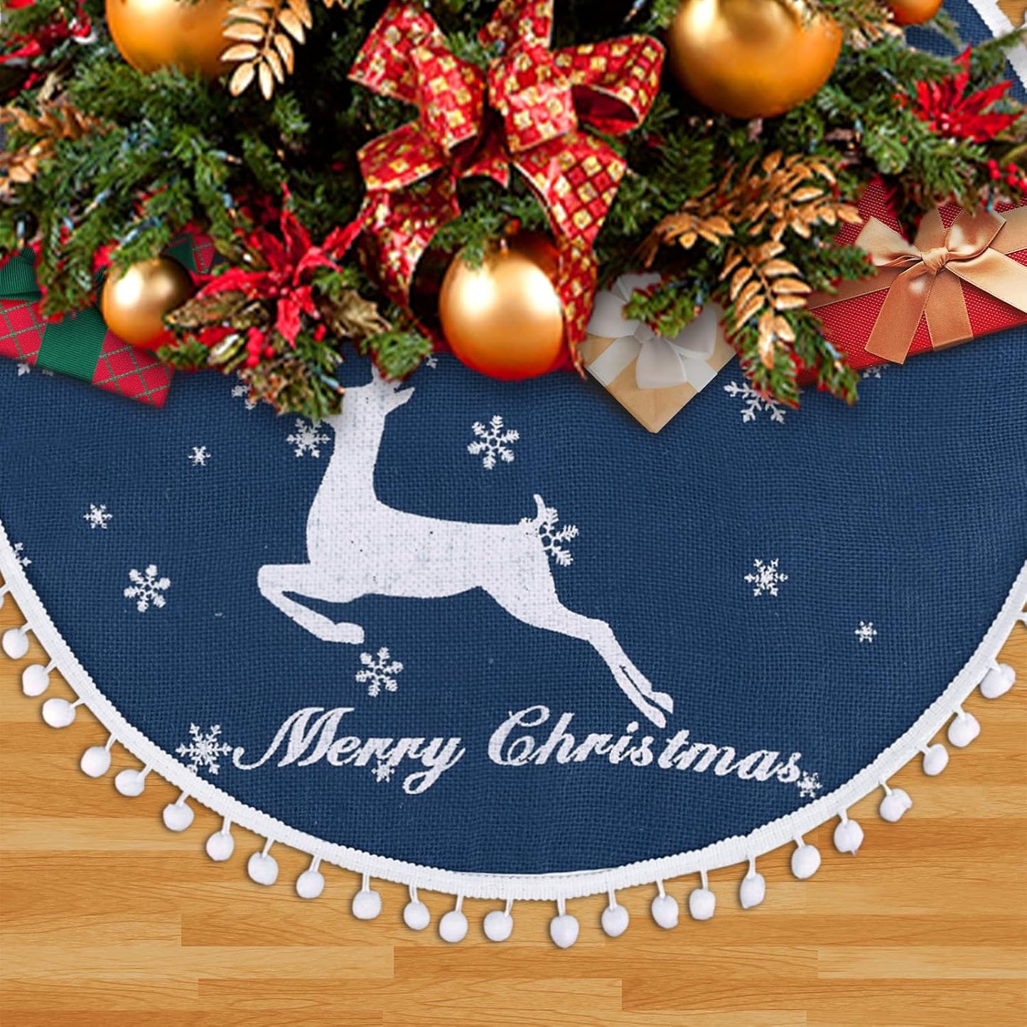 24 Inch Christmas Tree Skirt, Burlap Blue Christmas Rustic Tree Skirt with Elk Deer and White Snowflake Printed for Holiday Party Xmas Tree Decoration