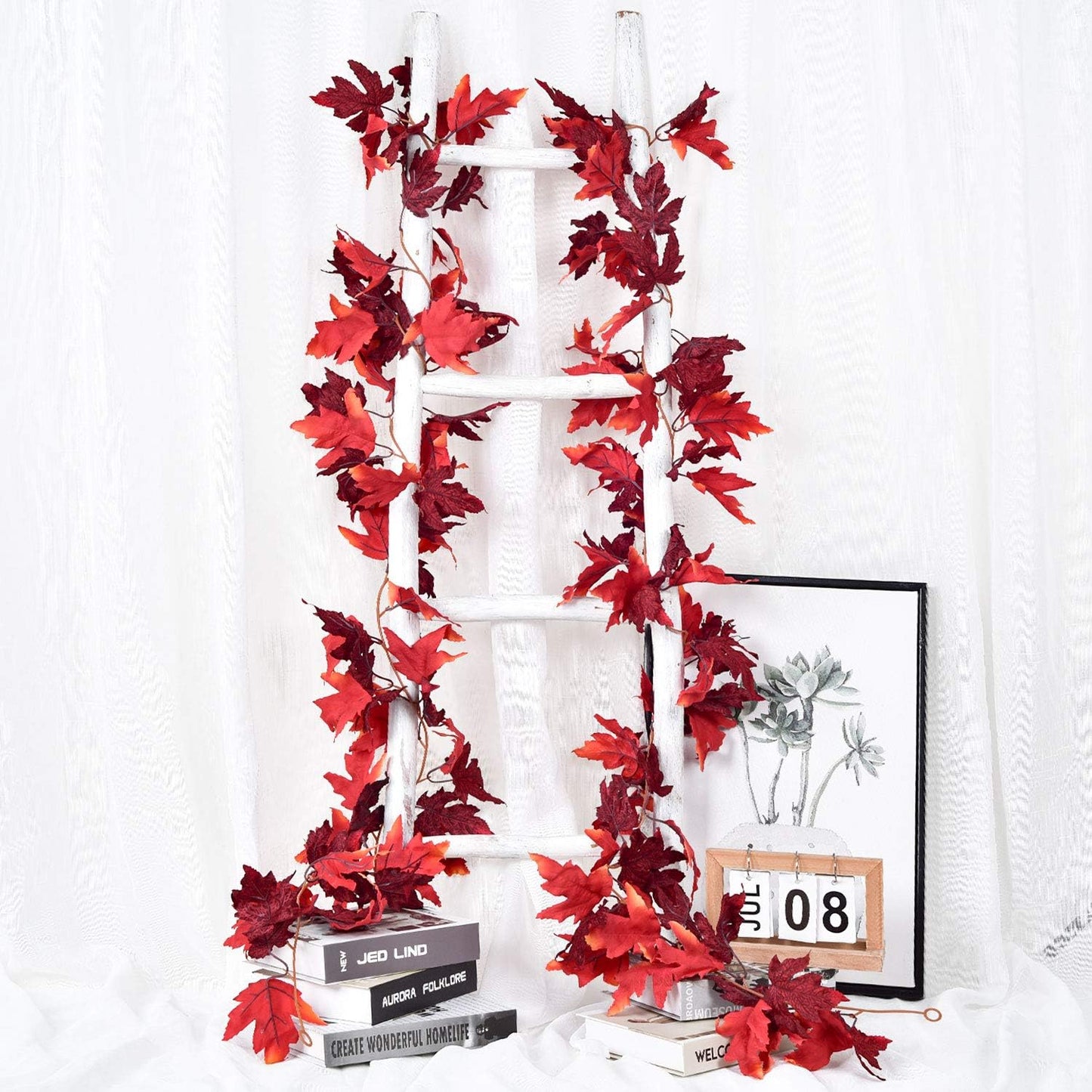 Lvydec 2 Pack Maple Leaves Fall Garland - 5.9ft/Strand Artificial Foliage, Red Fall Leaves Autumn Decoration for Home, Wedding, Party, Halloween, Thanksgiving