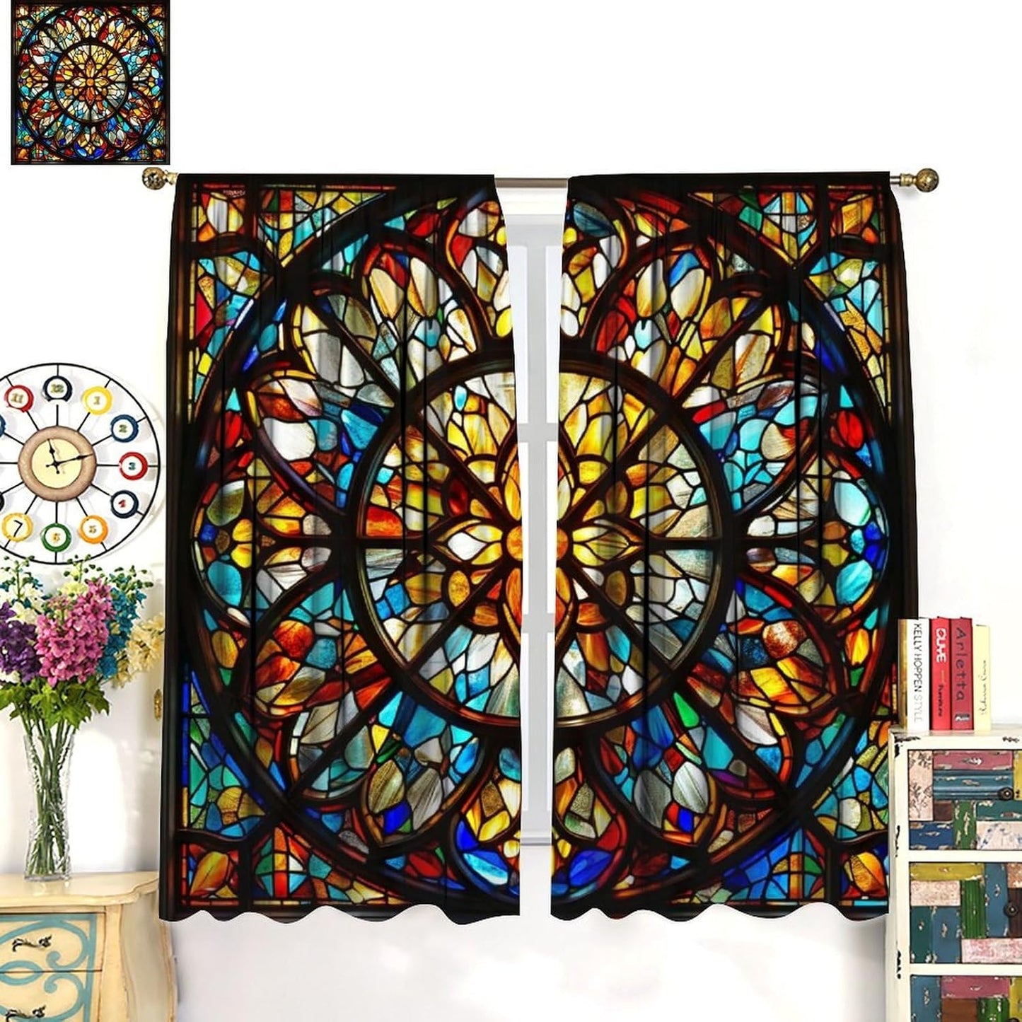 Stained Glass Curtains,Retro Mid Century Abstract Colorful Geometric Prints Home Decor Drapes for Bedroom Living Room Kitchen Window Treatment 2 Panels Set Total Size 42" W X 63" L Inch