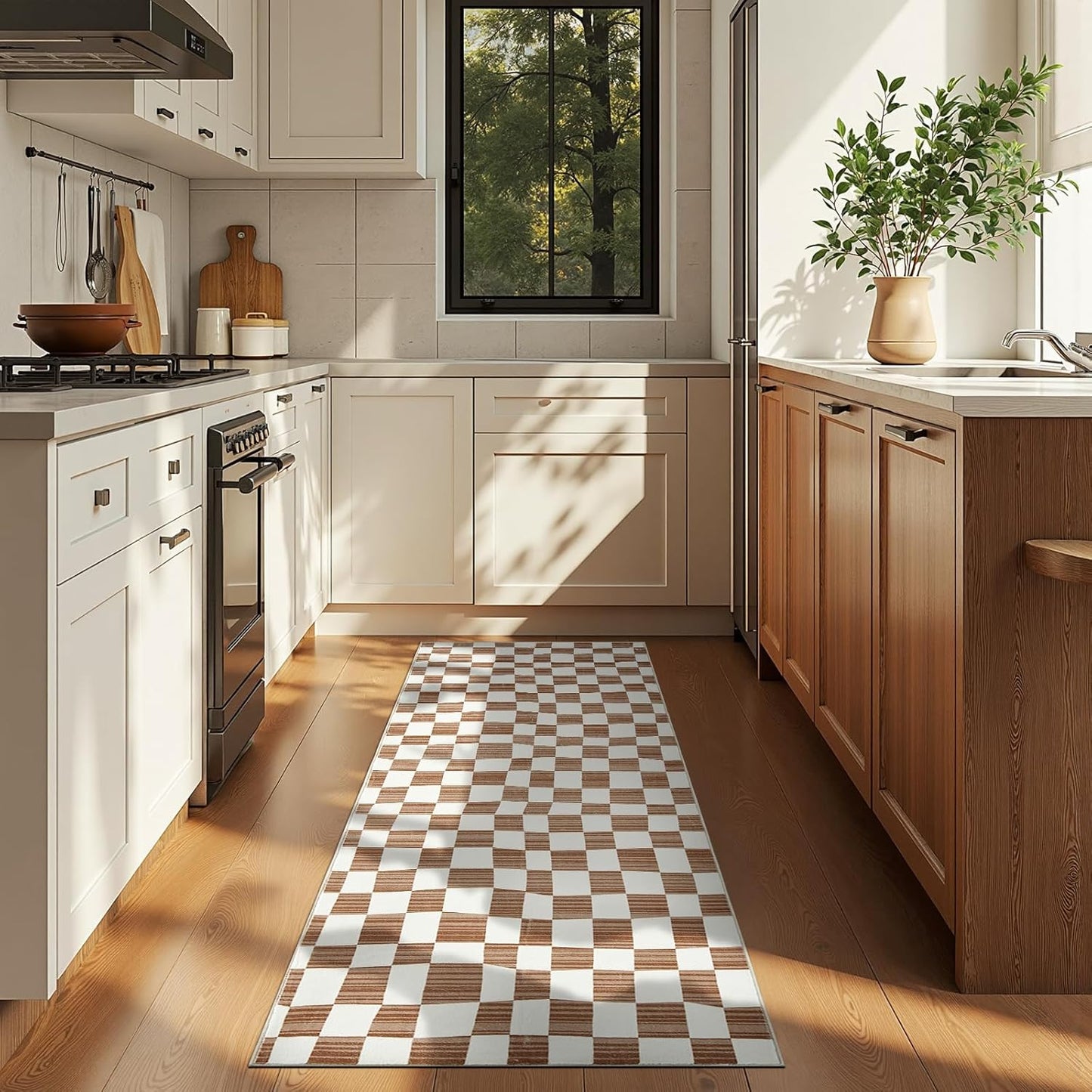 jinchan Runner Rug 2x5 Hallway Washable Modern Checkered Geometric Lattice Kids Bedroom Rug Indoor Floor Cover Non Slip Soft Carpet for Nursery Room Kitchen Laundry Room Home Brown