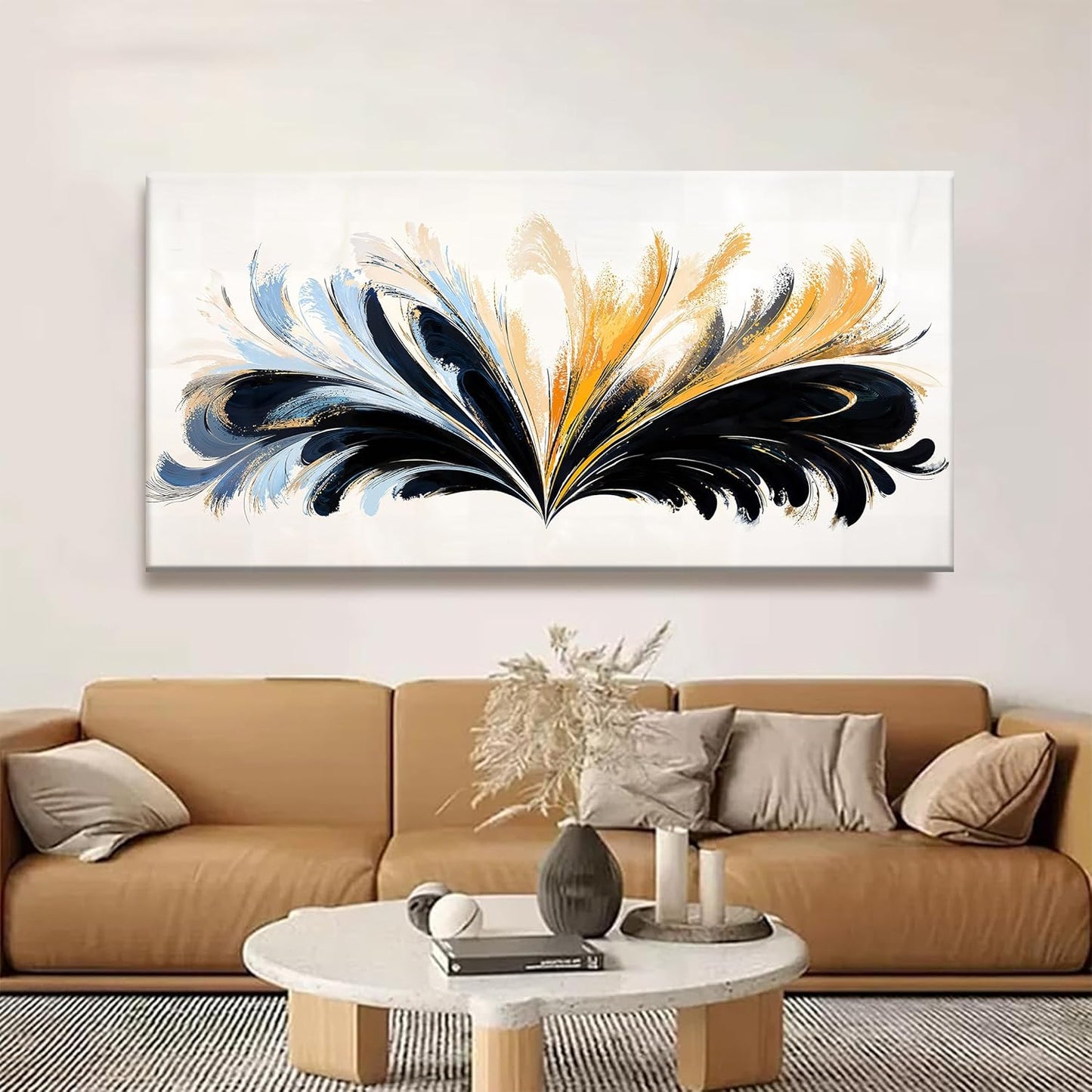 QSQ Large Black And Gold Abstract Wall Art For Living Room Canvas Art Wall Decor Abstract Blue Feather Wall Decor Print Picture For Bedroom Apartment Office Home Wall Decoration 29 X 58 Inch
