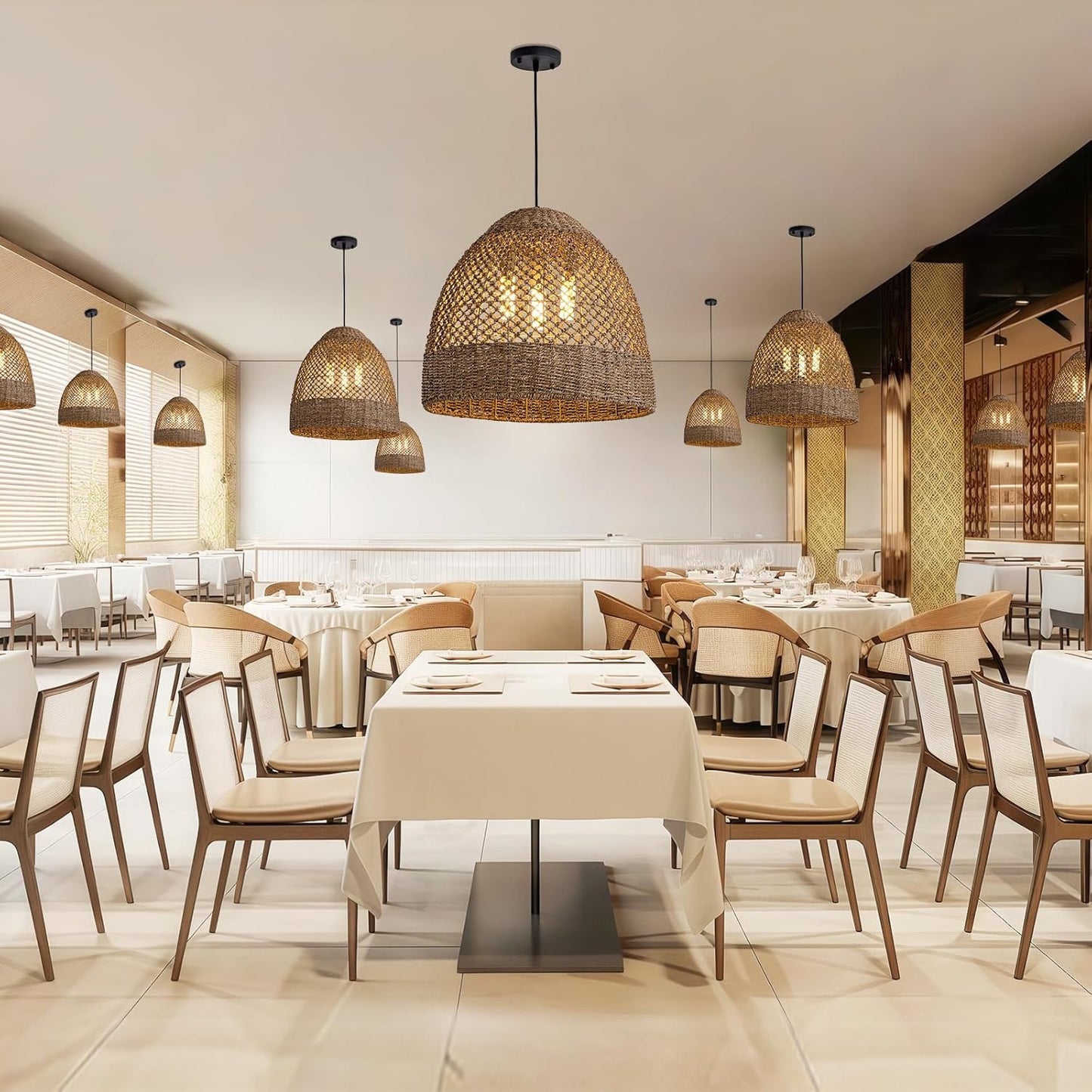 19" Rattan Pendant Light,Hand-Woven Rustic Wicker Hanging Light 3-Light Seagrass Ceiling Chandelier Oval Water Plants Rattan Chandelier for Dining Living Bedroom Kitchen Farmhouse