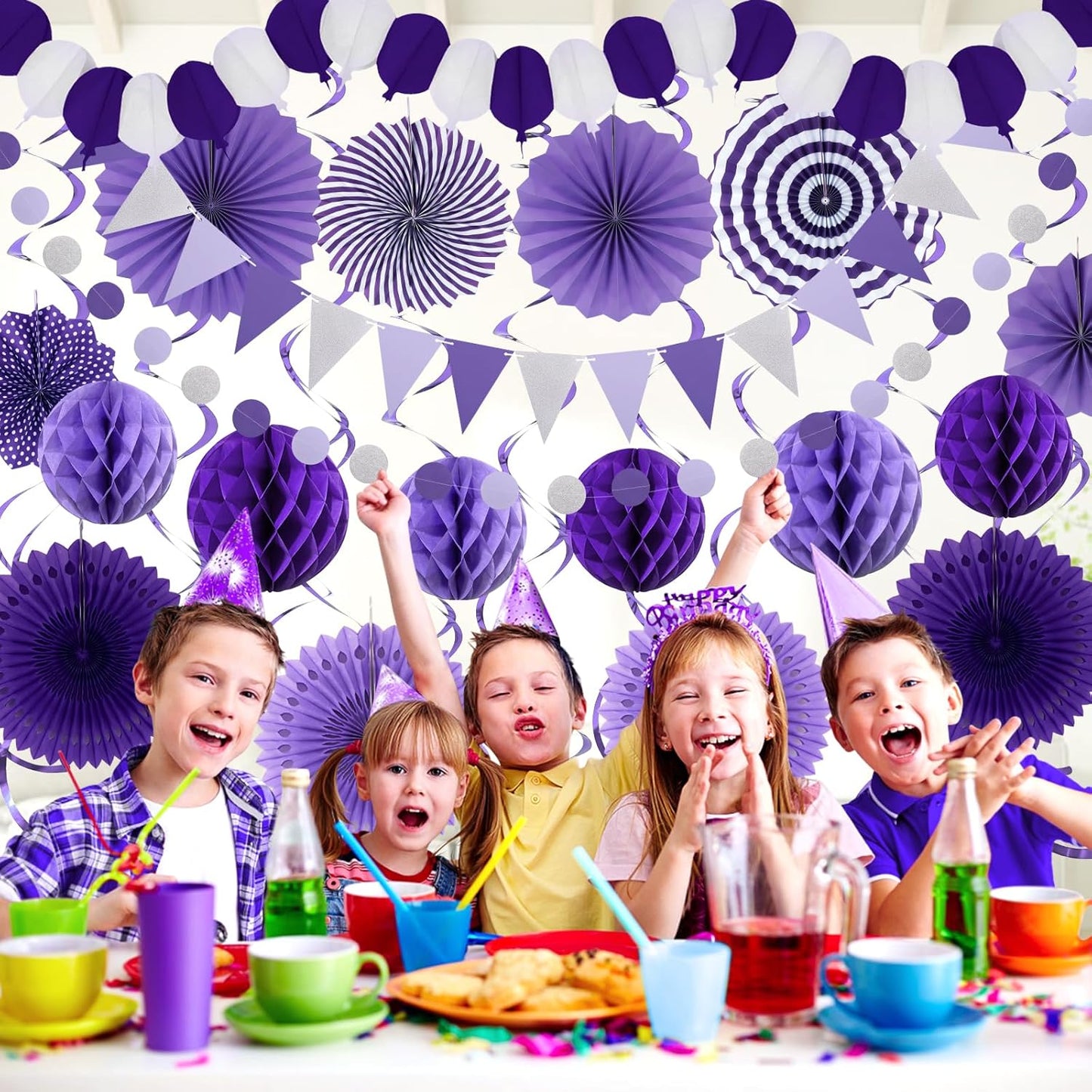 Purple Party Decorations, Birthday Party Supplies Easy Assembly Paper Fan Honeycomb Ball Garland Hanging Swirl for Graduation Birthday Baby Shower Bridal Shower Wedding Party Decorations