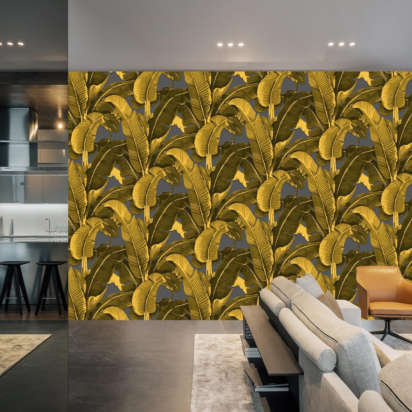 Vintage Gold Banana Leaf Bathroom wallpeper Living Room Bedroom Tropical Plant Wall Mural - 91"x65" (Not Peel and Stick)