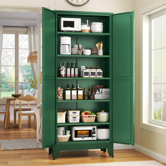 75.2" Tall Kitchen Food Pantry, Pantry Cabinet with 2 Door and 5 Adjustable Shelves, Green Laundry Room Cabinets, Freestanding Pantry for Kitchen, Study Room, Dining Room and Entryway