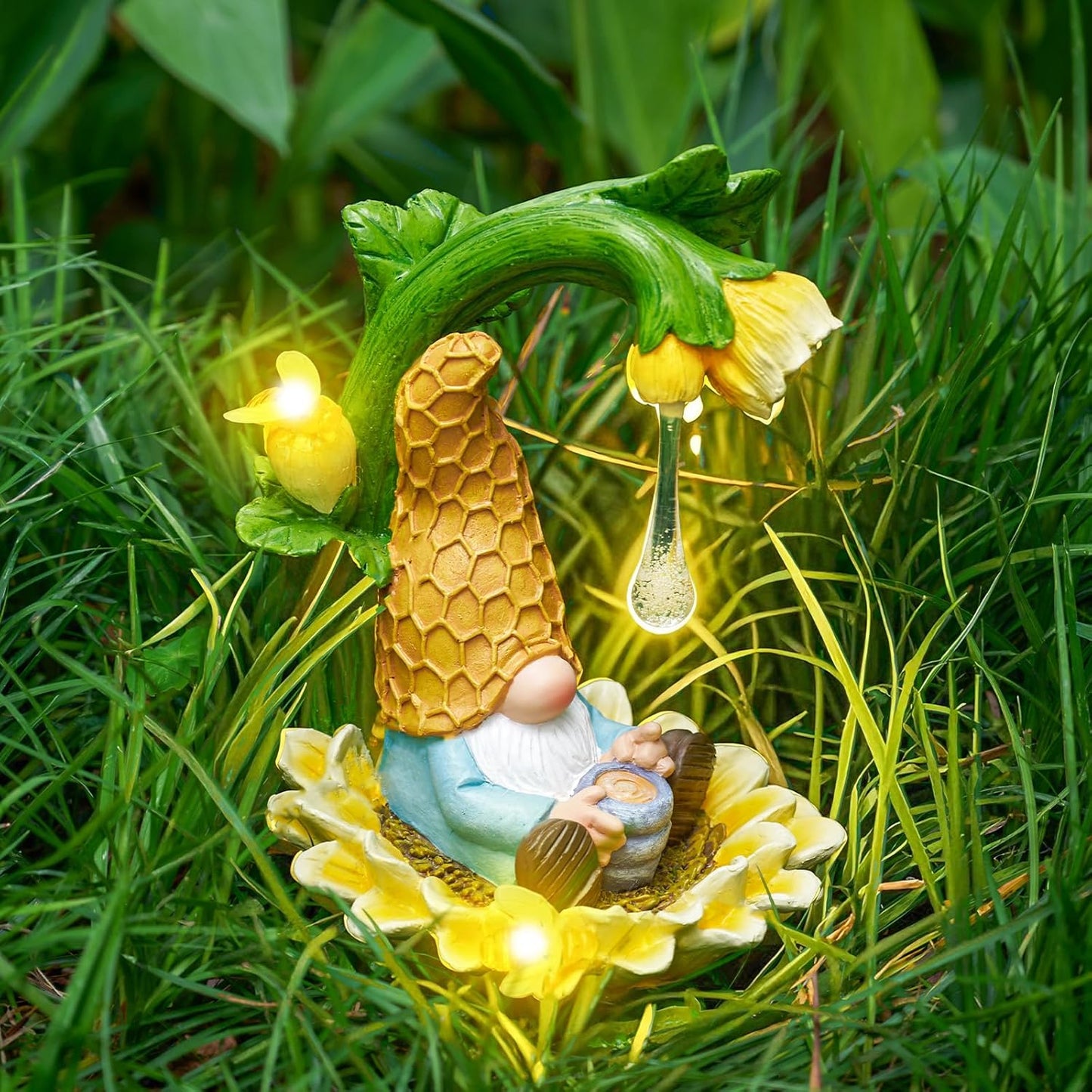 RM ROOMERS Gnome Garden Decor Solar Gnomes Decoration for Yard Decor Resin Sunflower Gnome Statue with LED Lights for Patio Honey Drip Home Gifts for Women Housewarming