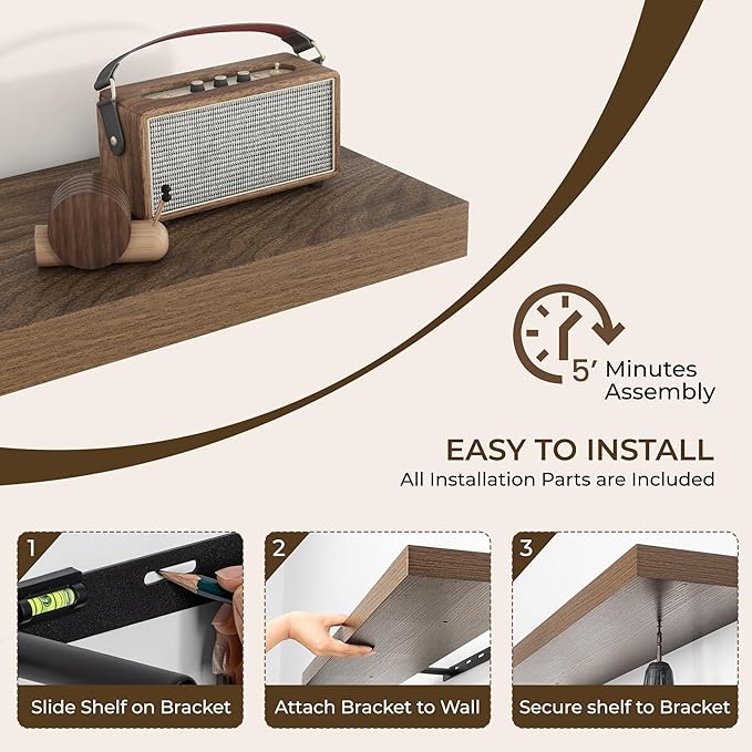 RICHFOCUS 36Inch Floating Shelves for Wall 2 Pack Shelves for Bedroom|Kitchen|Bathroom Wall Mounted Rustic Wood Floating Shelf with Invisible Brackets for Books|Storage|Decor, Walnut