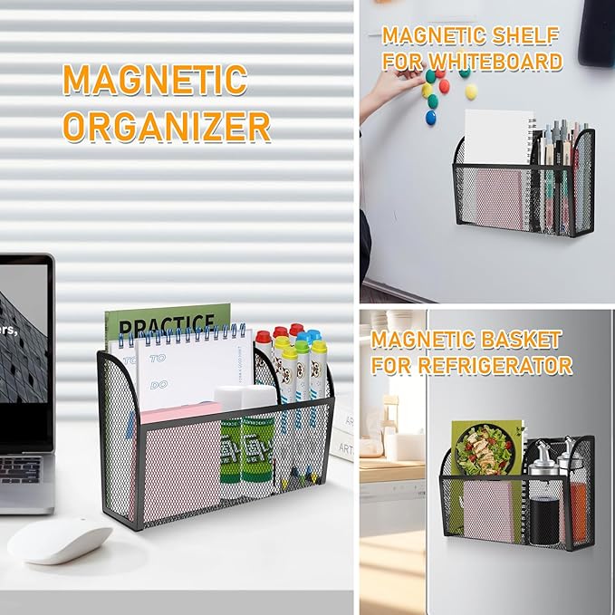 Magnetic Pencil Holder-Magnetic Basket for Fridge 3-Grid Mesh Magnetic Pen Holder for Refrigerator, Extra Strong Magnets Mesh Marker Holder Locker Accessories Organizer for Whiteboard