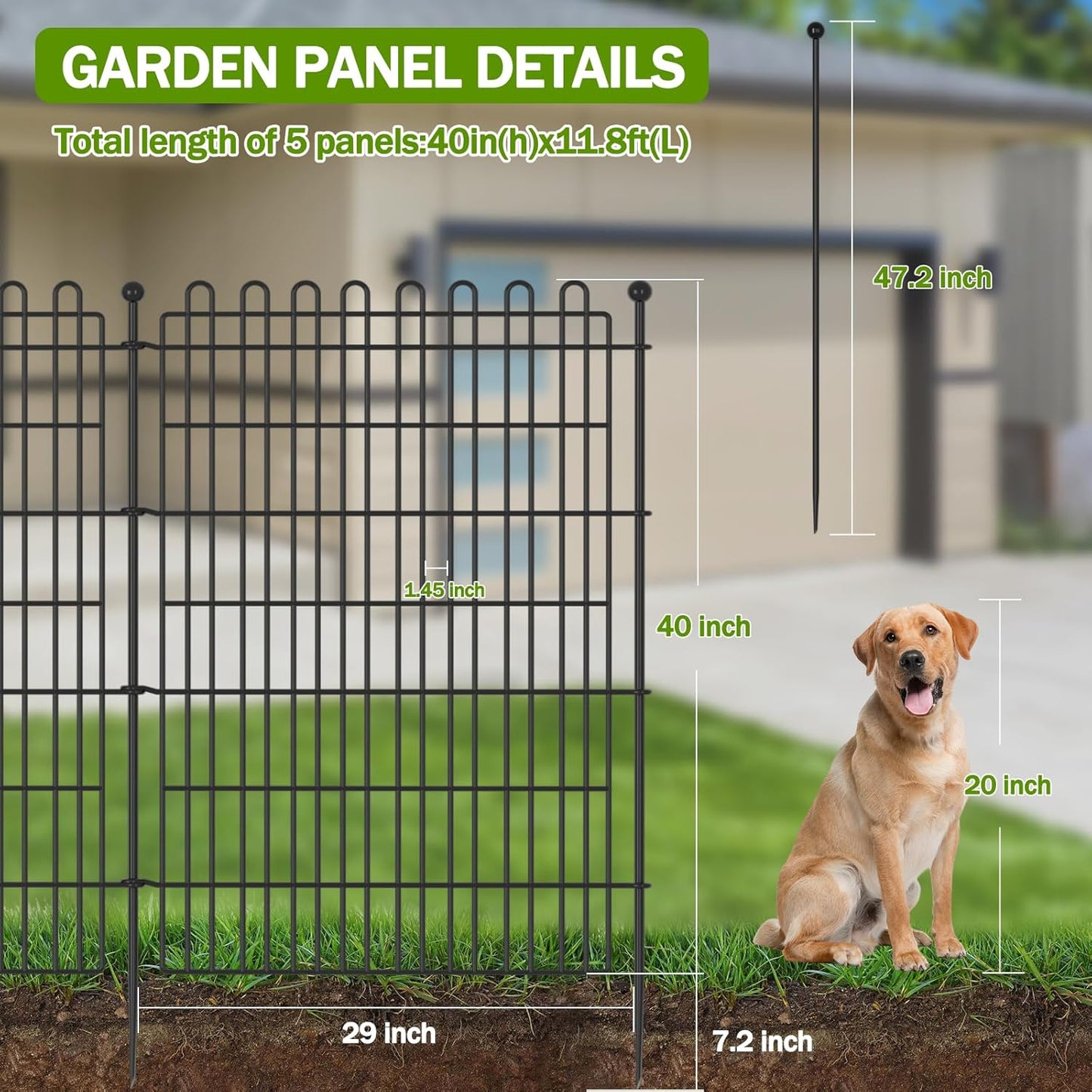 5 Panels No Dig Decorative Garden Fence for Yard, 40 in(H) X 11.8 ft(L) Animal Barrier Fencing for Outdoor Dog, Metal Portable Garden Fences for Borders, Pets, Landscape, Temporary Fence