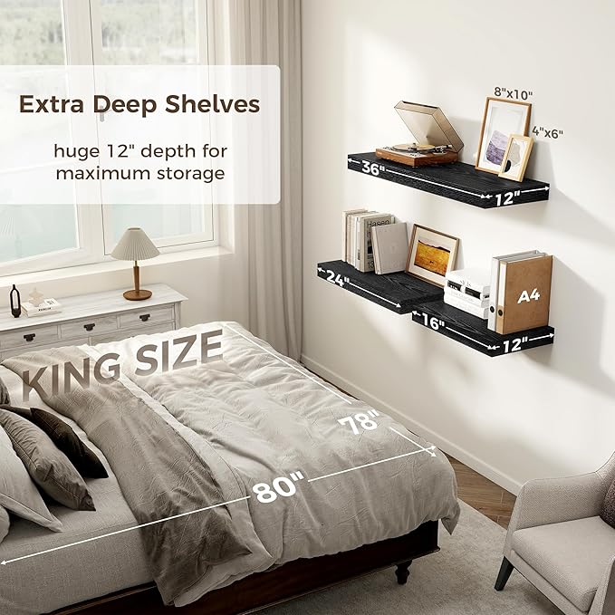 Black Floating Shelves 36 Inch Long, 12 Inch Deep Floating Shelves for Wall, 36 x 12 Shelves for Wall Storage & Display, 2" Thick Floating Shelf for Bathroom, Living Room, Bedroom, Set of 1
