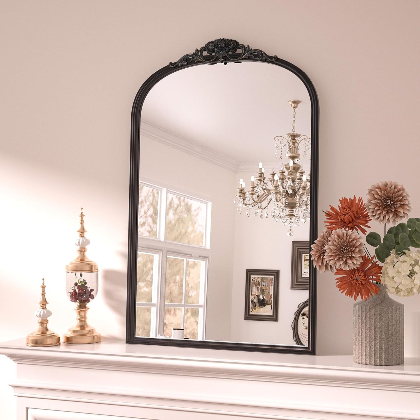 Keonjinn Antique Arch Mirror 20" x 30", Black Ornate Vintage Mirror, Baroque Decorative Mirrors for Mantle, Bathroom, Living Room, Hallway, Fireplace, Flench Cleat Mounting