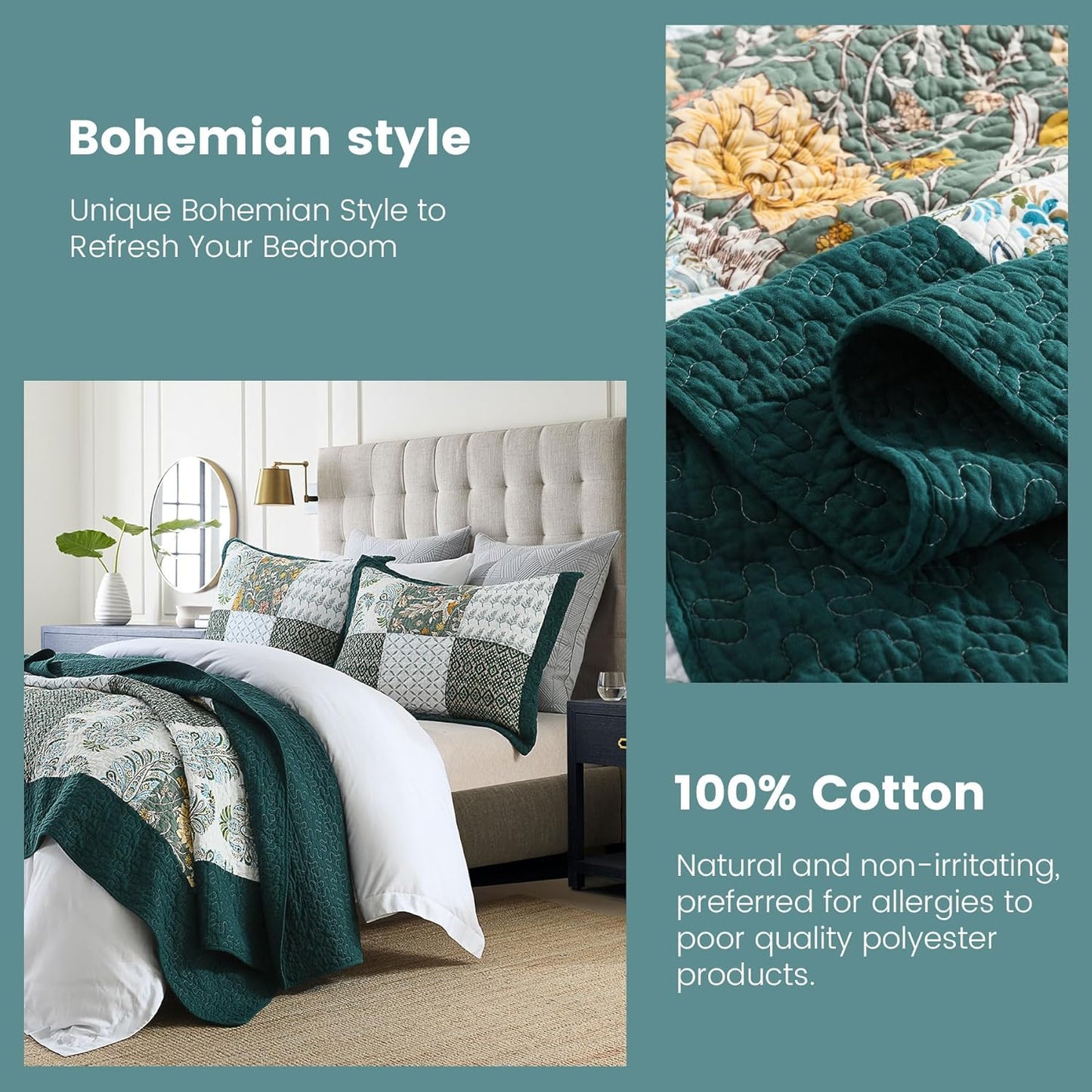 Secgo Queen Comforter Set for Bed - 100% Cotton Quilts Queen Size, Green, Emerald Bedspreads (90 * 98 Inch) with 2 Pillow Shams, Patchwork Reversible Lightweight Bedding